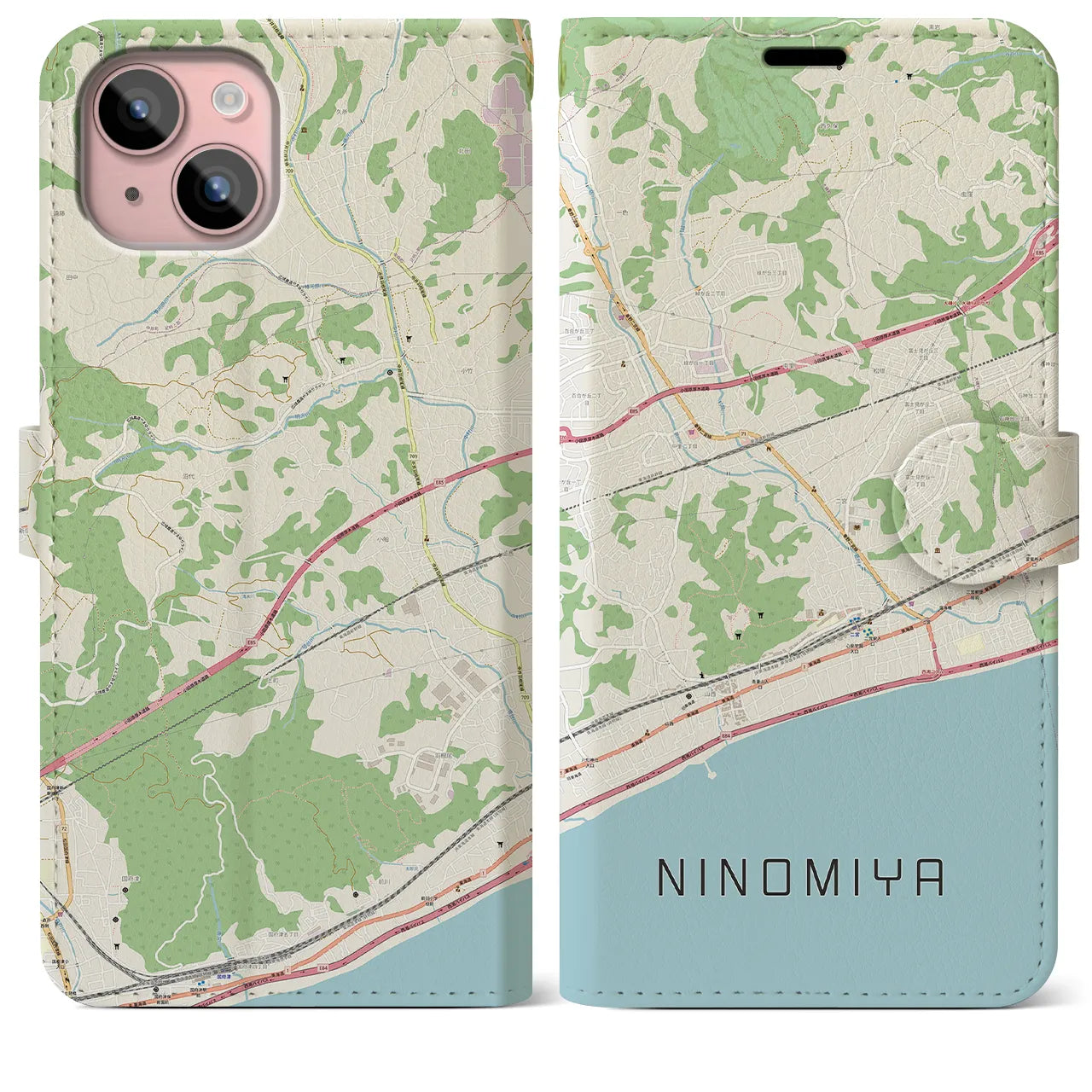 【二宮(神奈川県)】地図柄iPhoneケース(手帳タイプ)ナチュラル・iPhone 15 Plus 用