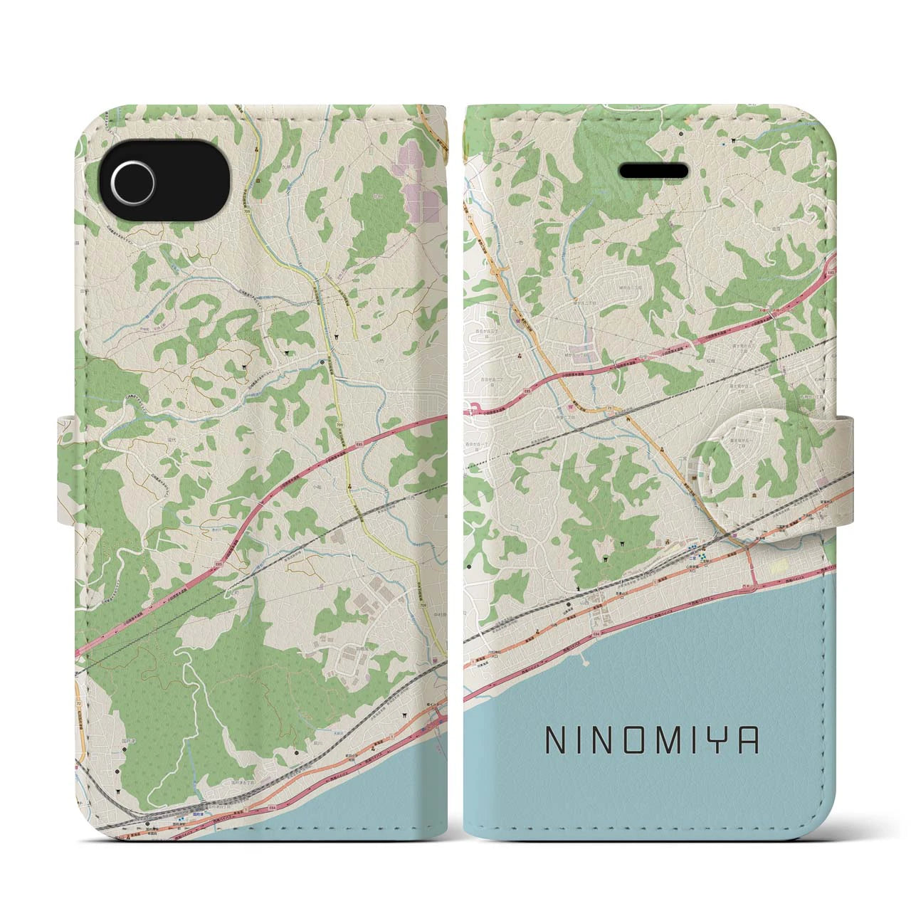 【二宮(神奈川県)】地図柄iPhoneケース(手帳タイプ)ナチュラル・iPhone SE(第3 / 第2世代) / 8 / 7 / 6s / 6 用