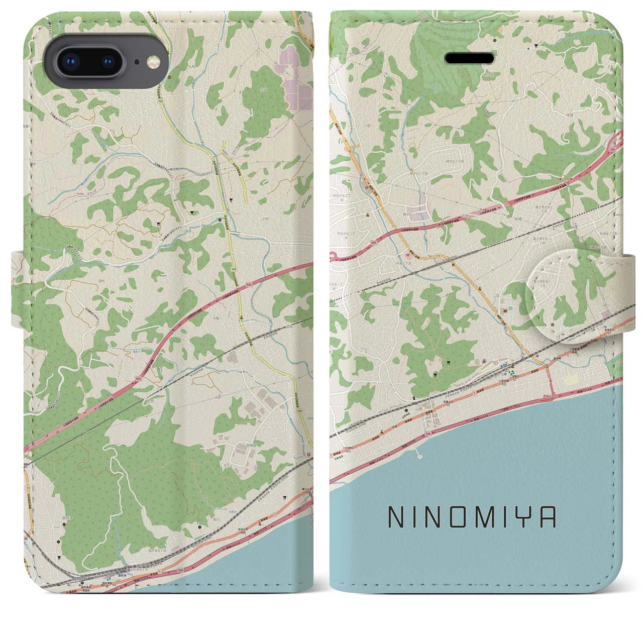 【二宮(神奈川県)】地図柄iPhoneケース(手帳タイプ)ナチュラル・iPhone 8Plus /7Plus / 6sPlus / 6Plus 用