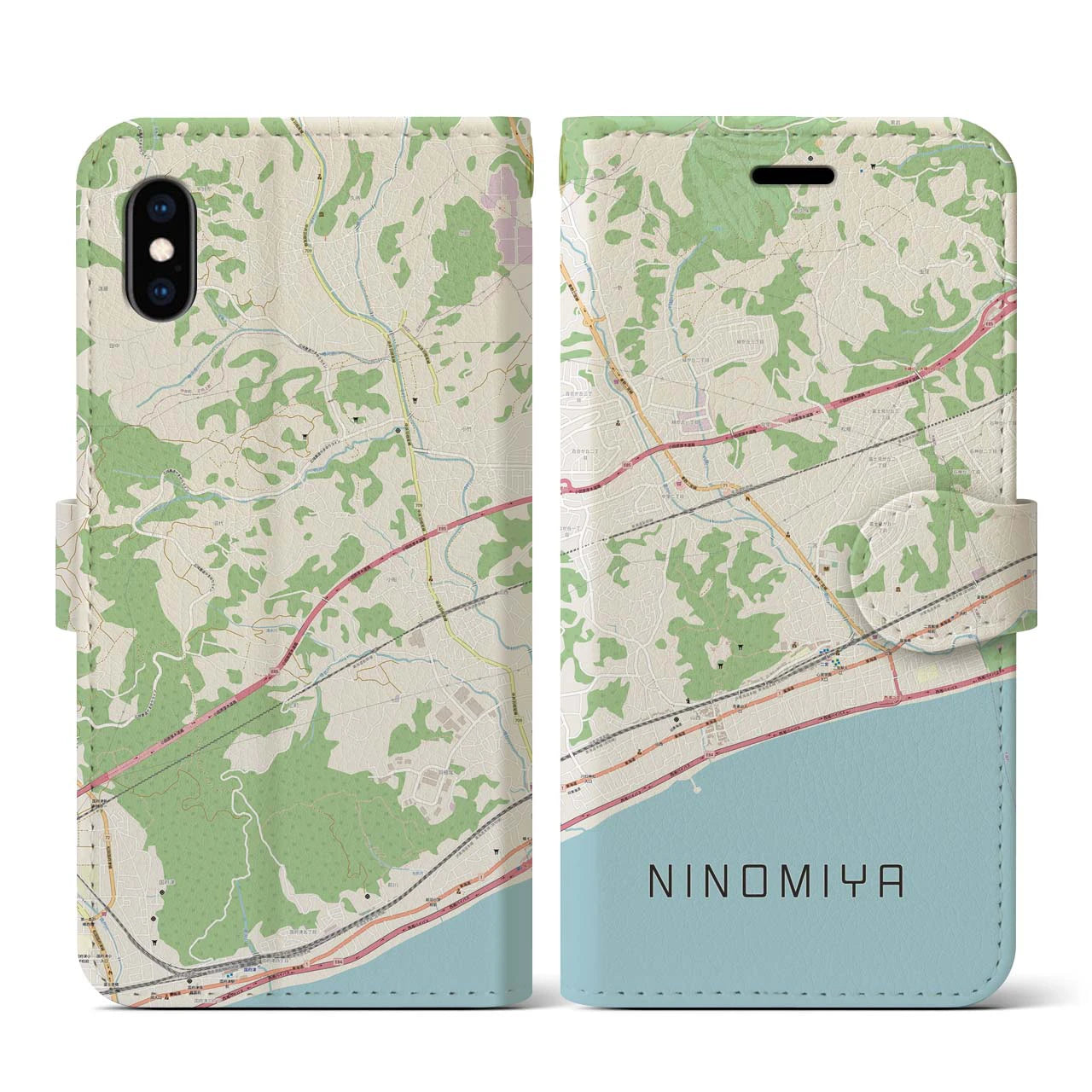 【二宮(神奈川県)】地図柄iPhoneケース(手帳タイプ)ナチュラル・iPhone XS / X 用