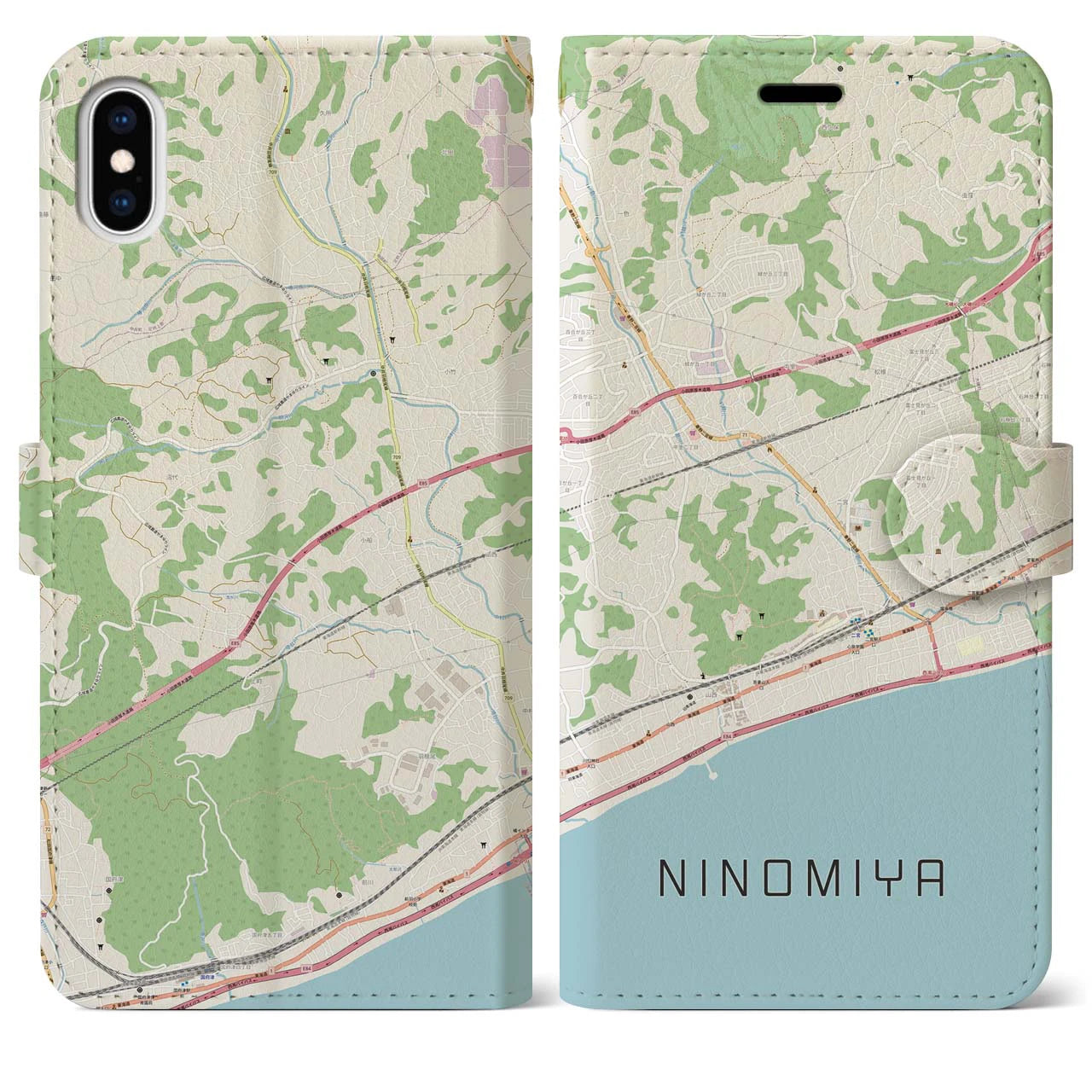 【二宮(神奈川県)】地図柄iPhoneケース(手帳タイプ)ナチュラル・iPhone XS Max 用