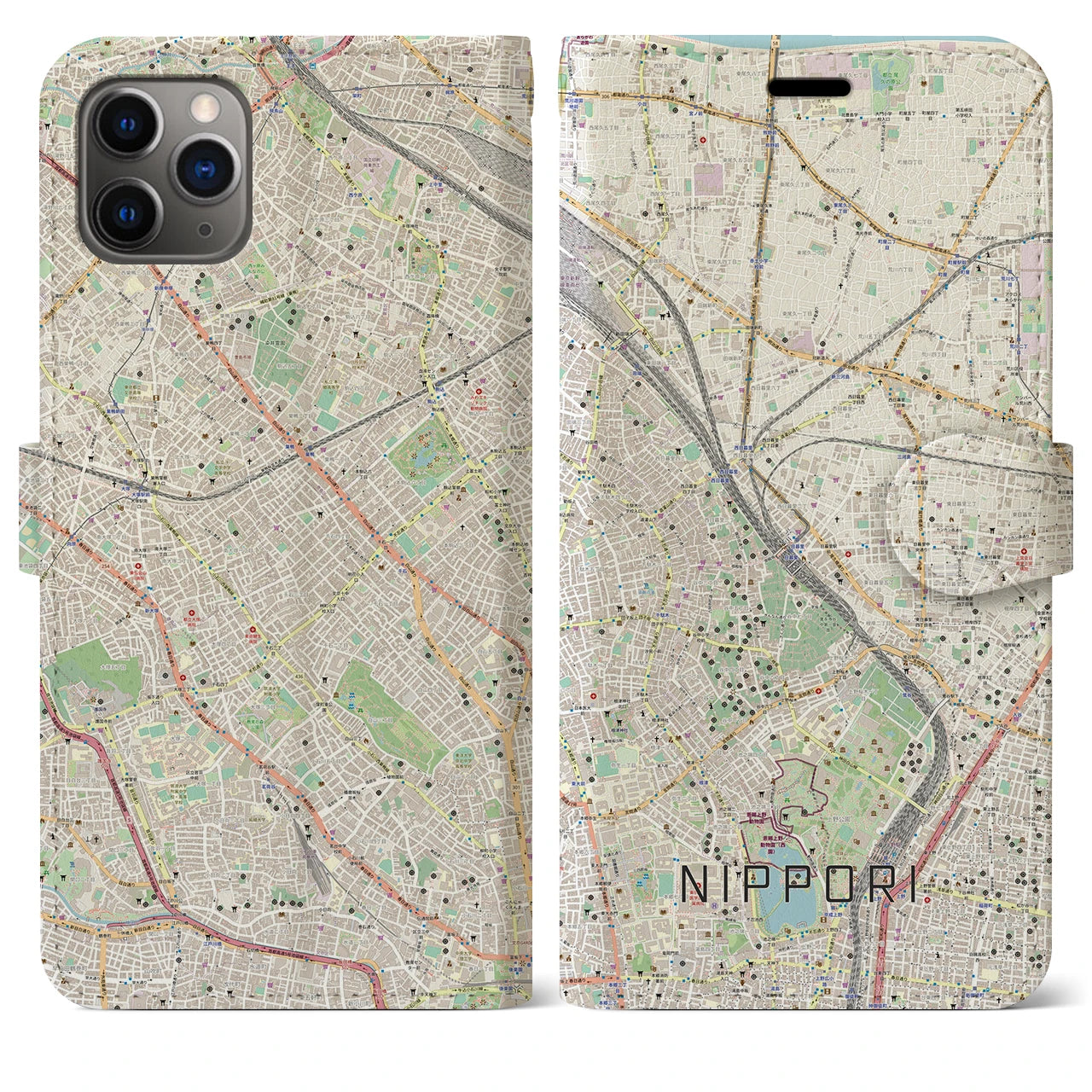 【日暮里(東京都)】地図柄iPhoneケース(手帳タイプ)ナチュラル・iPhone 11 Pro Max 用