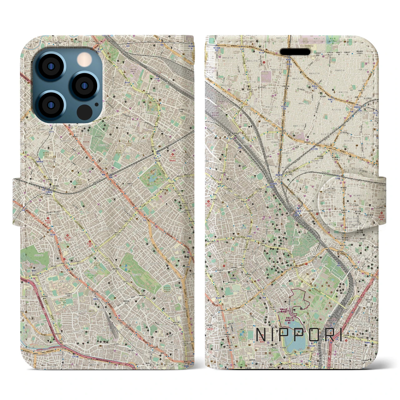 【日暮里(東京都)】地図柄iPhoneケース(手帳タイプ)ナチュラル・iPhone 12 / 12 Pro 用