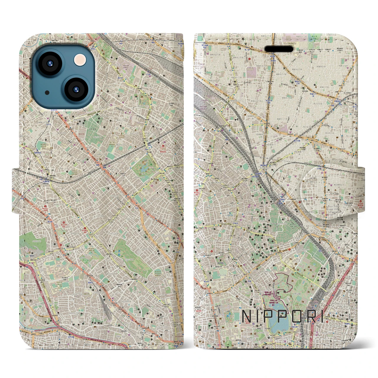 【日暮里(東京都)】地図柄iPhoneケース(手帳タイプ)ナチュラル・iPhone 13 用