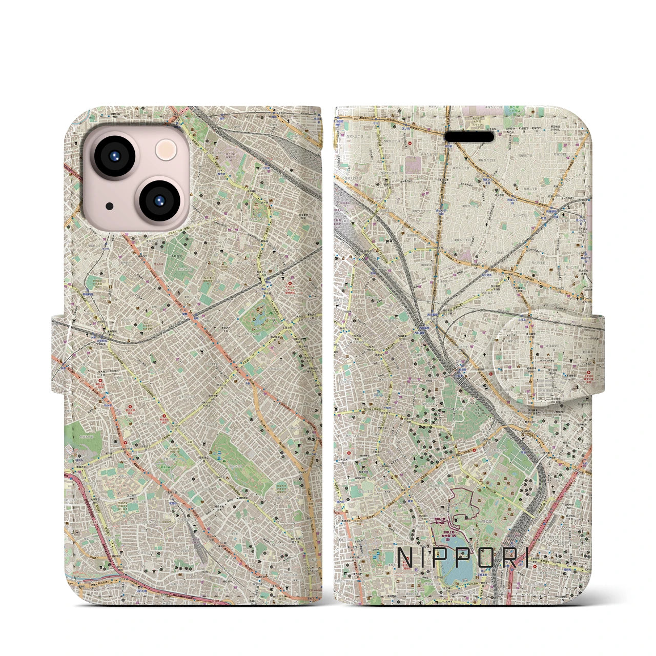 【日暮里(東京都)】地図柄iPhoneケース(手帳タイプ)ナチュラル・iPhone 13 mini 用