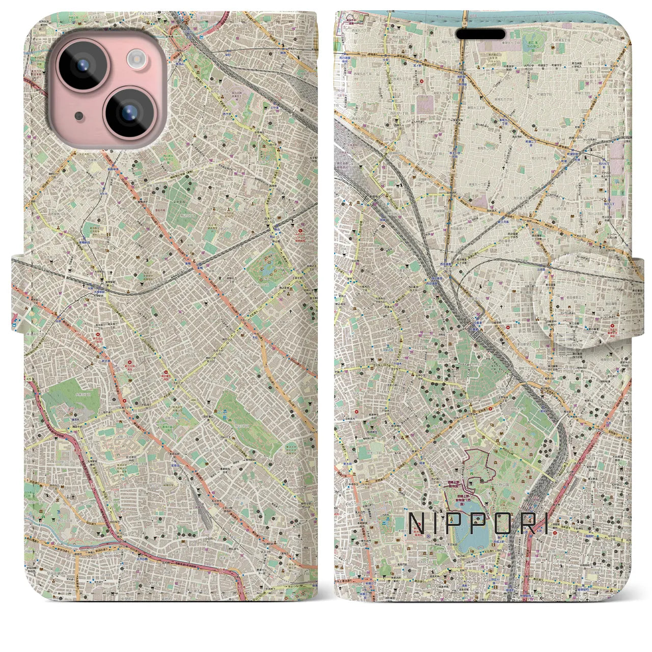 【日暮里(東京都)】地図柄iPhoneケース(手帳タイプ)ナチュラル・iPhone 15 Plus 用