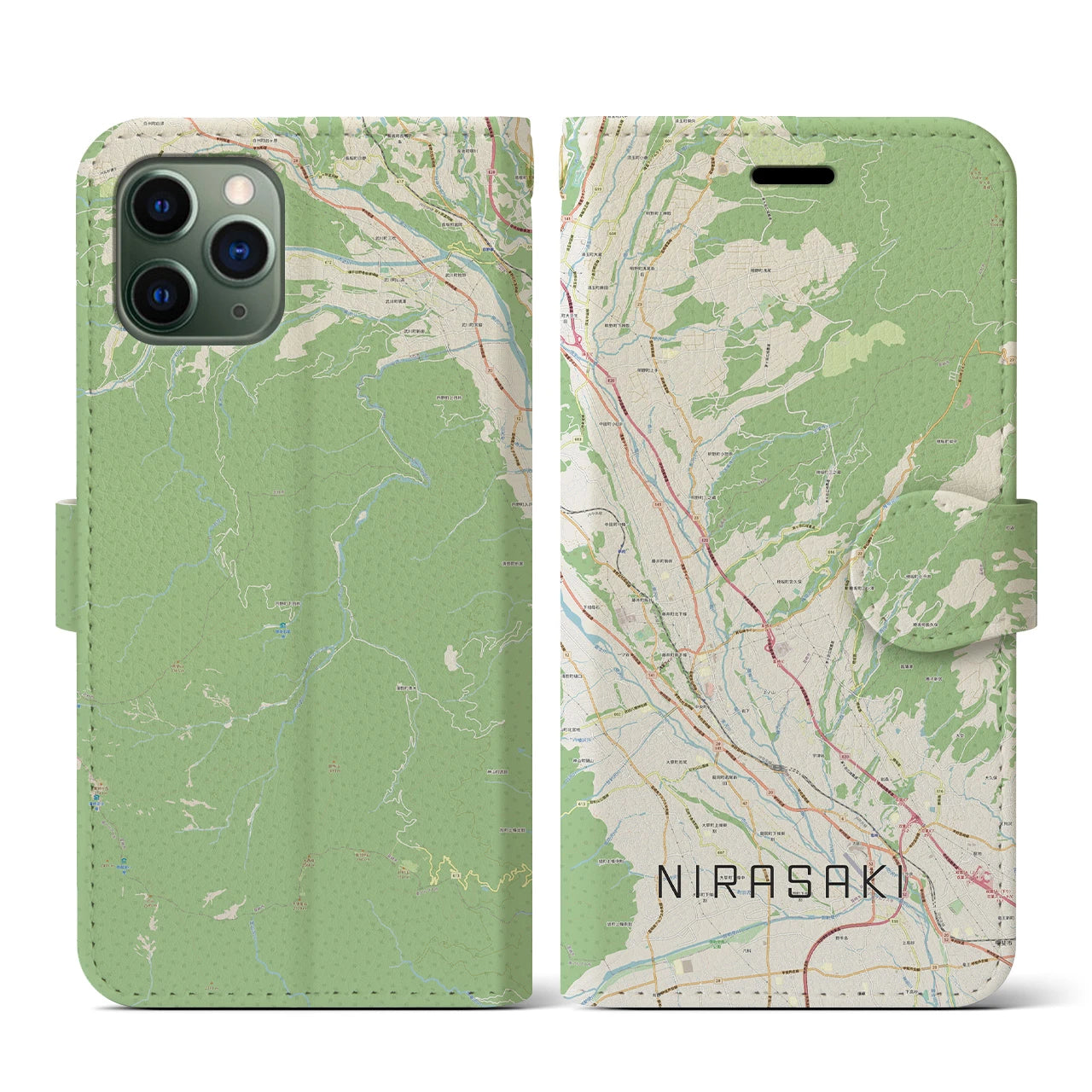 【韮崎(山梨県)】地図柄iPhoneケース(手帳タイプ)ナチュラル・iPhone 11 Pro 用