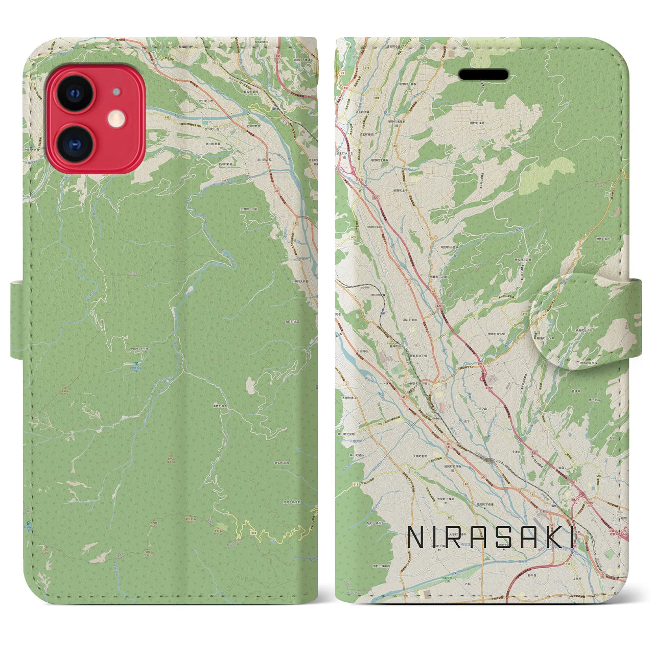 【韮崎(山梨県)】地図柄iPhoneケース(手帳タイプ)ナチュラル・iPhone 11 用