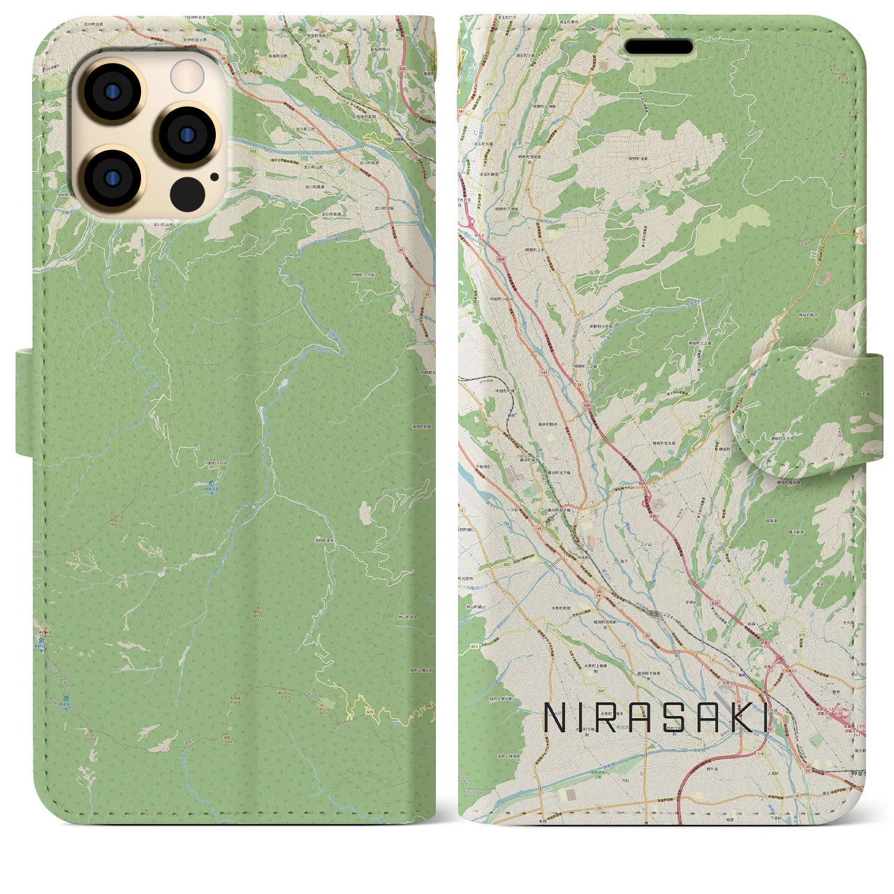 【韮崎(山梨県)】地図柄iPhoneケース(手帳タイプ)ナチュラル・iPhone 12 Pro Max 用