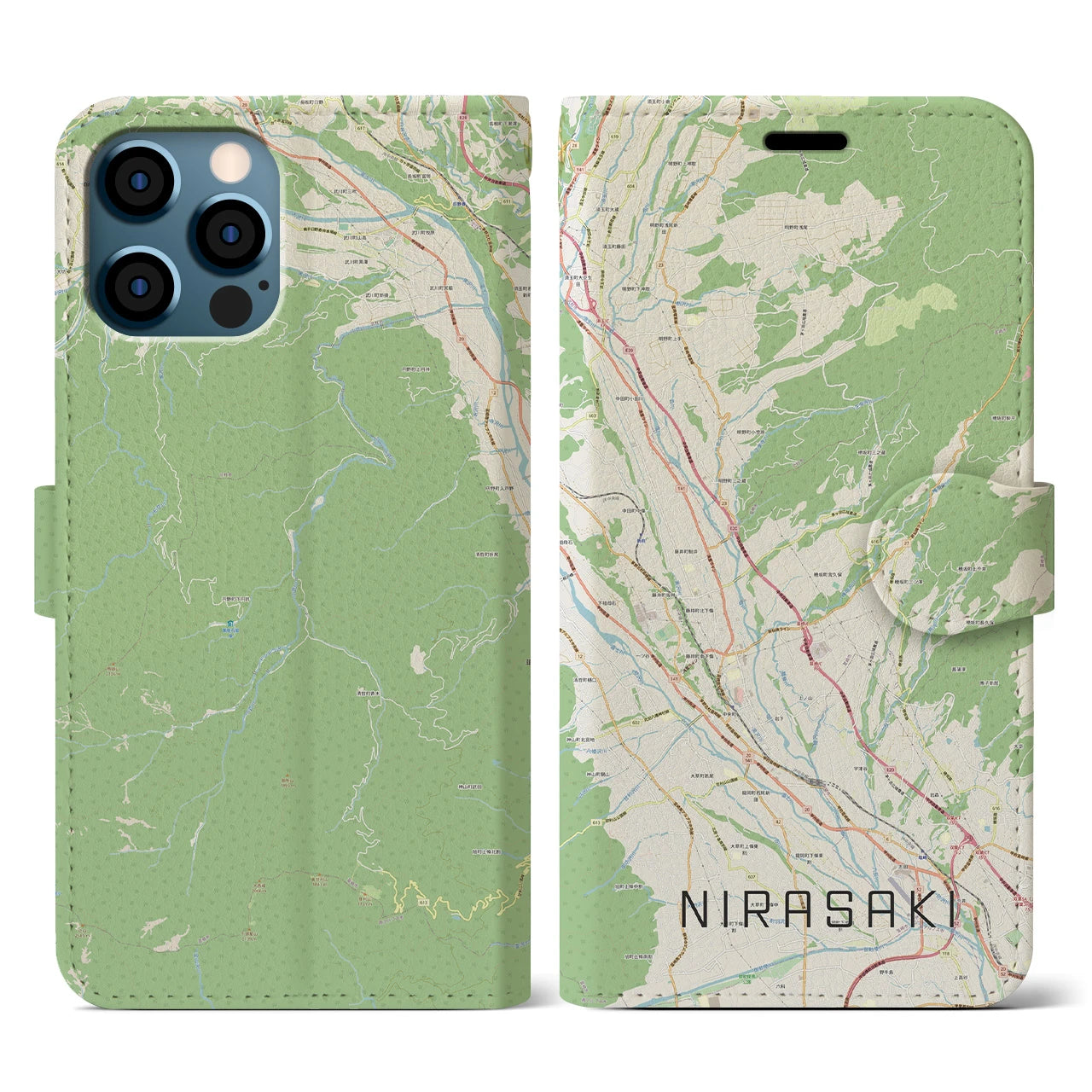 【韮崎(山梨県)】地図柄iPhoneケース(手帳タイプ)ナチュラル・iPhone 12 / 12 Pro 用