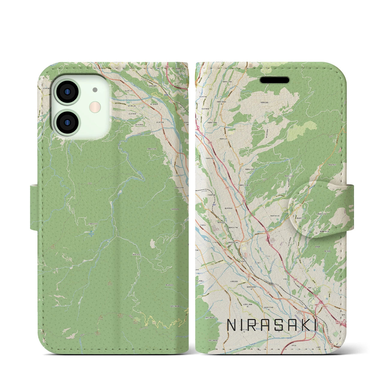 【韮崎(山梨県)】地図柄iPhoneケース(手帳タイプ)ナチュラル・iPhone 12 mini 用