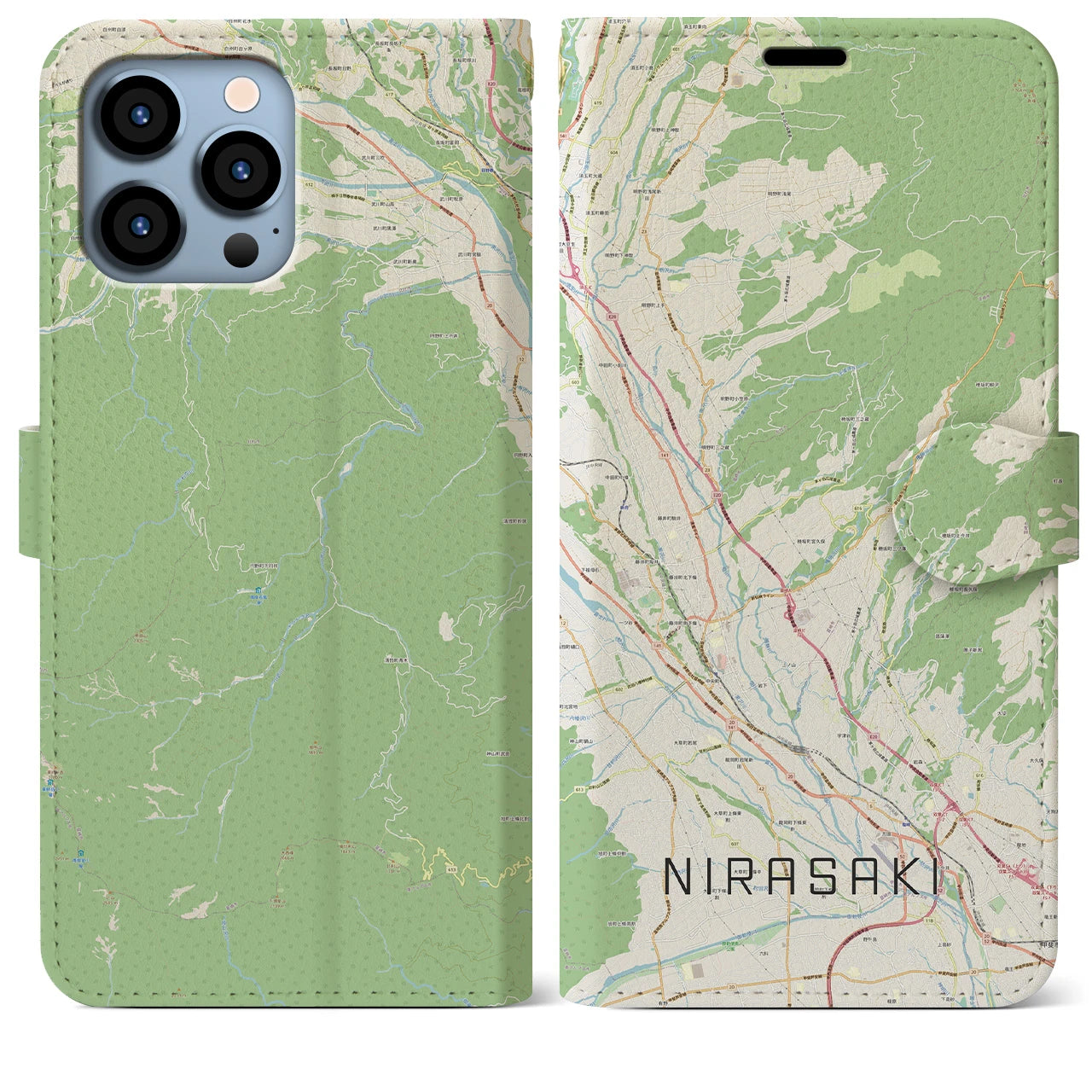 【韮崎(山梨県)】地図柄iPhoneケース(手帳タイプ)ナチュラル・iPhone 13 Pro Max 用
