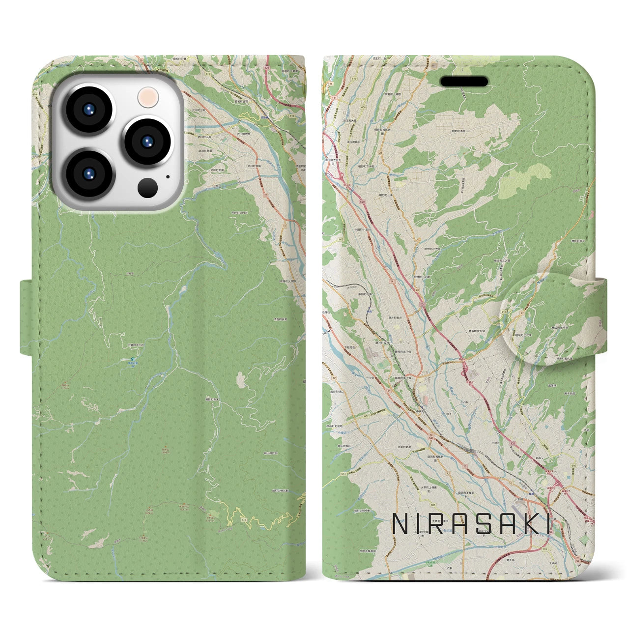 【韮崎(山梨県)】地図柄iPhoneケース(手帳タイプ)ナチュラル・iPhone 13 Pro 用