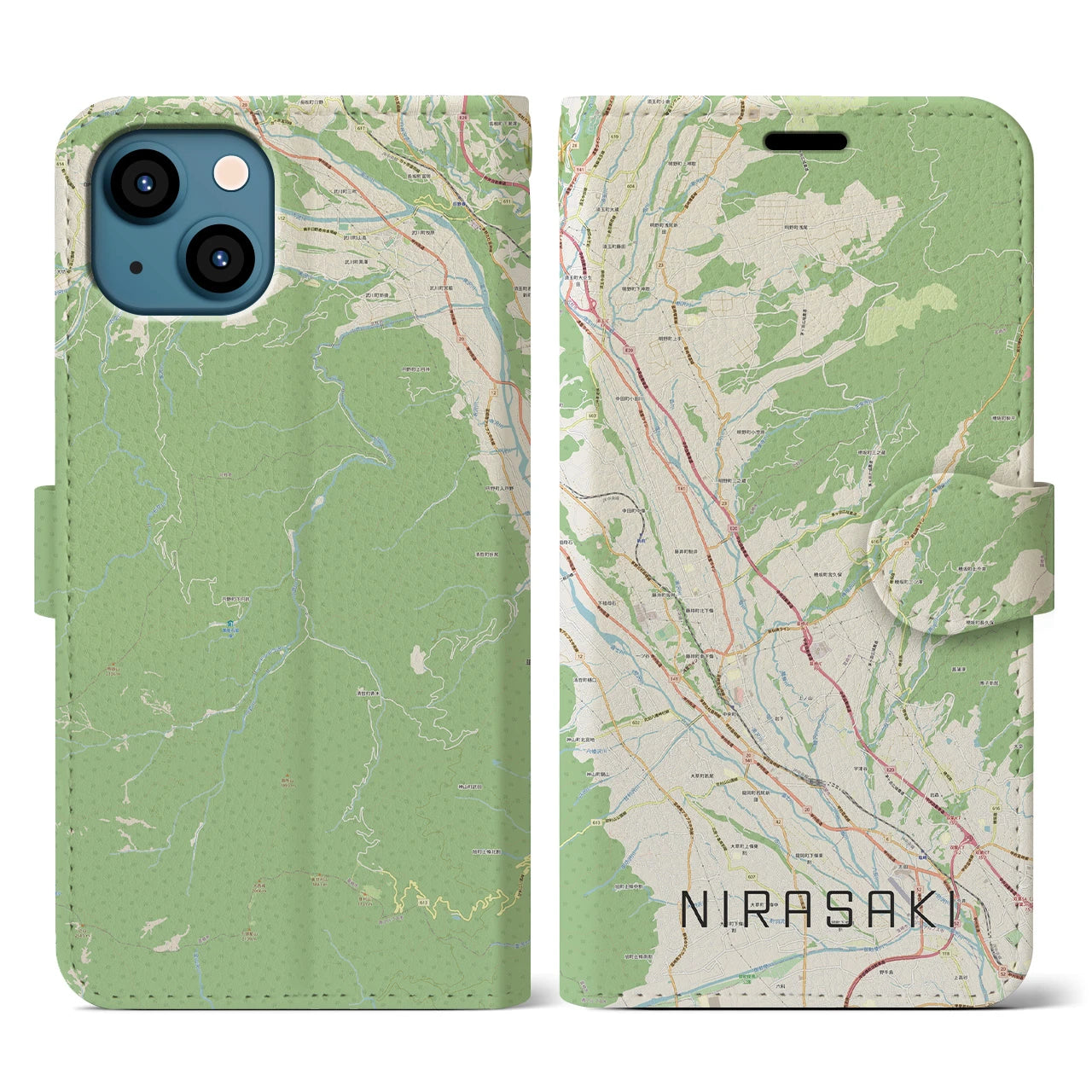 【韮崎(山梨県)】地図柄iPhoneケース(手帳タイプ)ナチュラル・iPhone 13 用