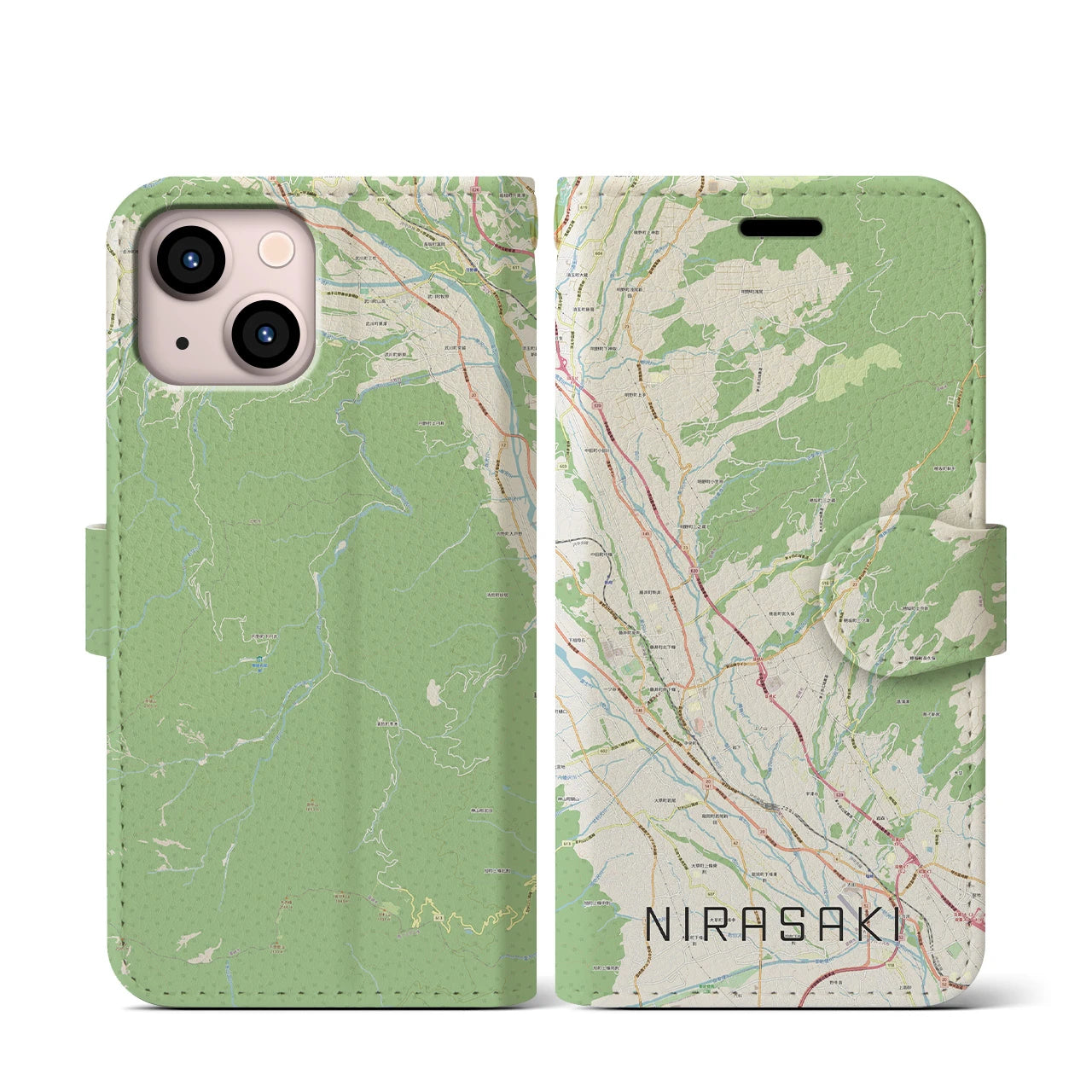 【韮崎(山梨県)】地図柄iPhoneケース(手帳タイプ)ナチュラル・iPhone 13 mini 用