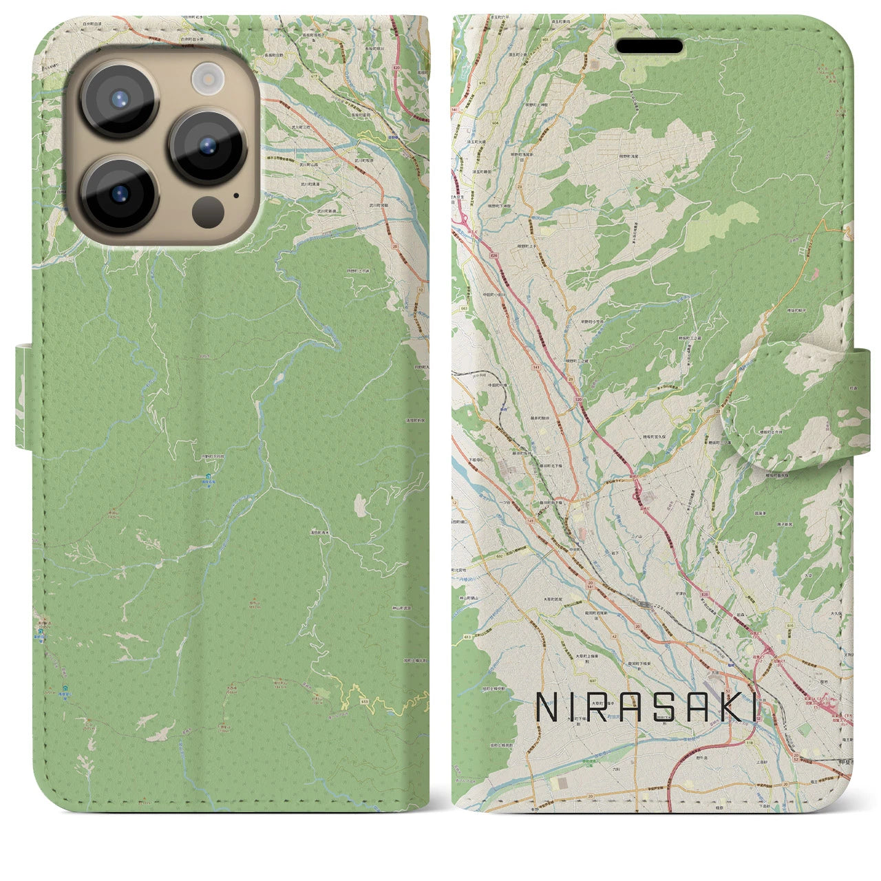 【韮崎(山梨県)】地図柄iPhoneケース(手帳タイプ)ナチュラル・iPhone 14 Pro Max 用