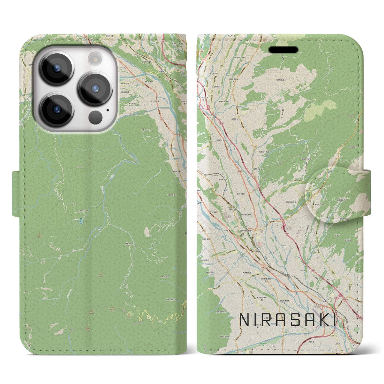 【韮崎(山梨県)】地図柄iPhoneケース(手帳タイプ)ナチュラル・iPhone 14 Pro 用