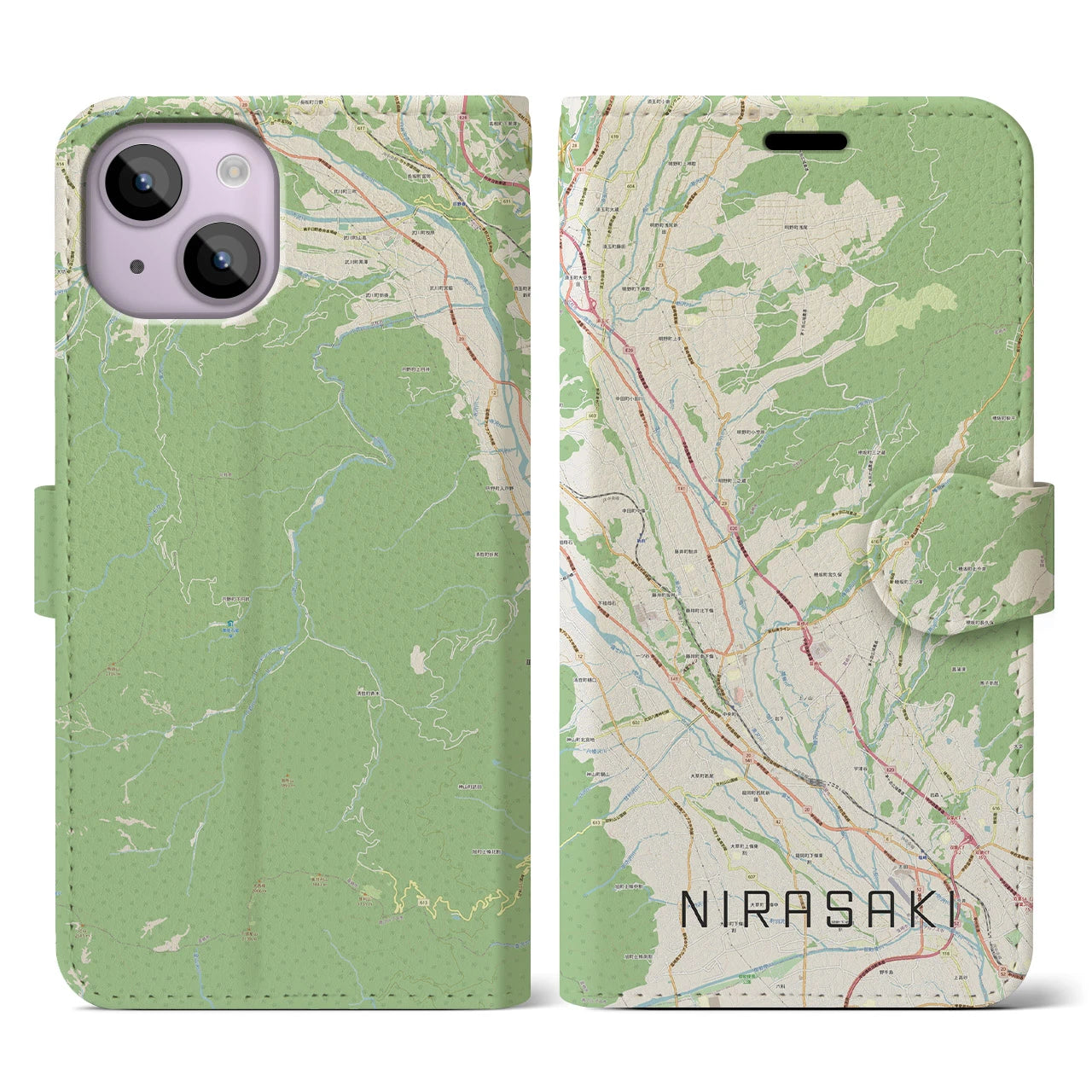 【韮崎(山梨県)】地図柄iPhoneケース(手帳タイプ)ナチュラル・iPhone 14 用