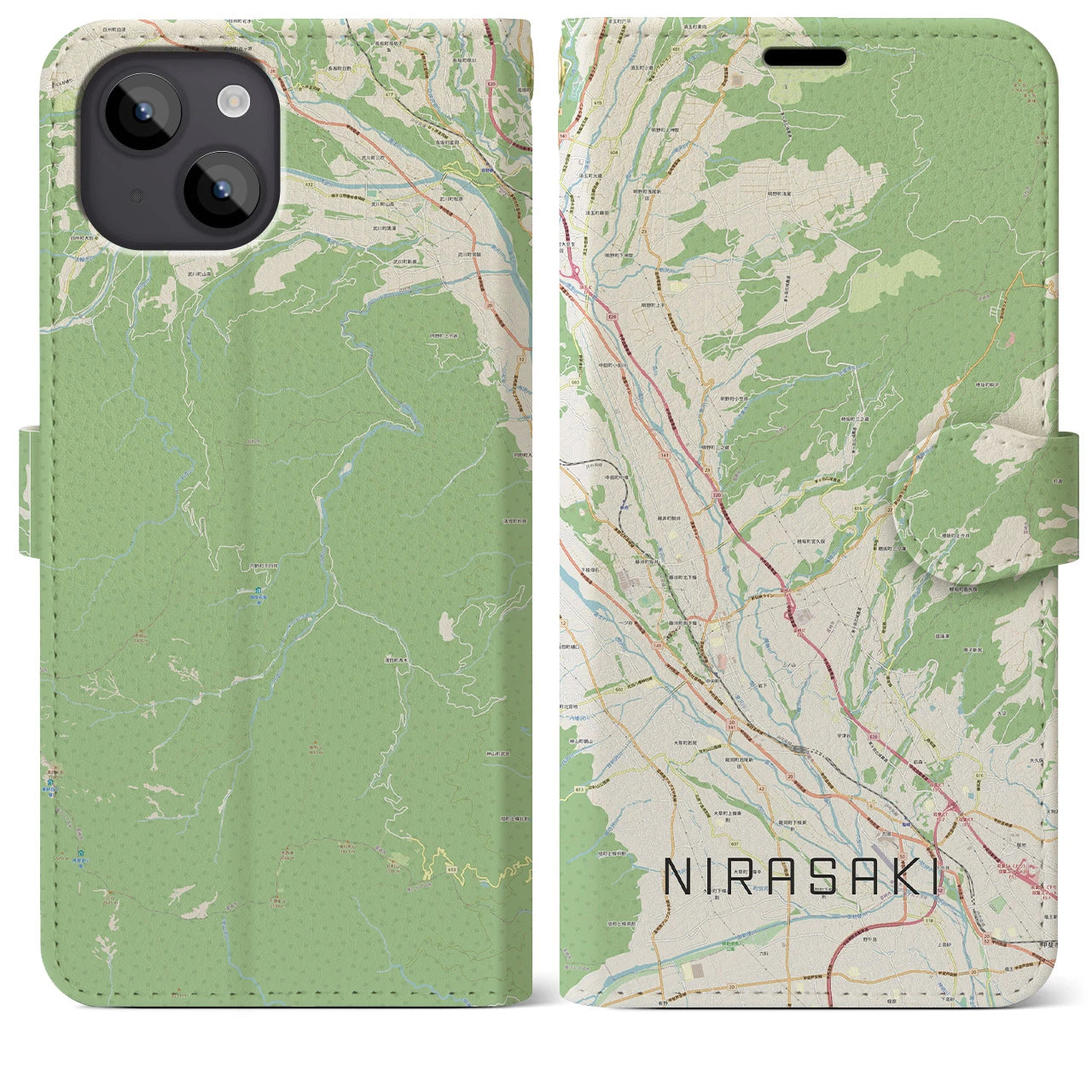 【韮崎(山梨県)】地図柄iPhoneケース(手帳タイプ)ナチュラル・iPhone 14 Plus 用