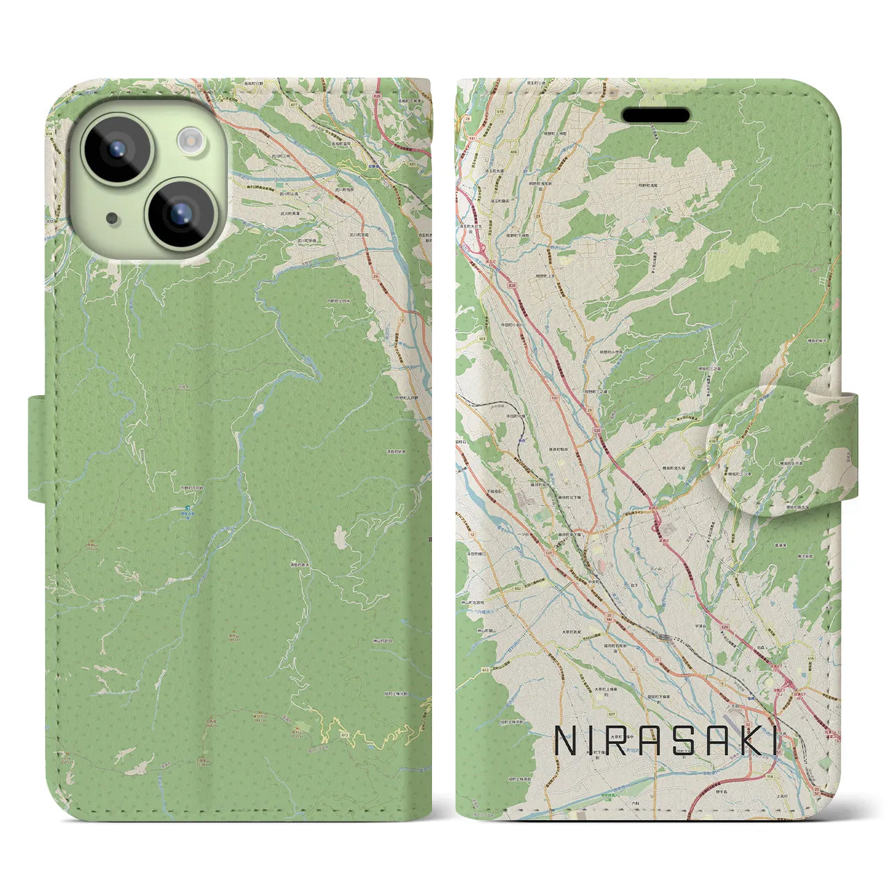 【韮崎(山梨県)】地図柄iPhoneケース(手帳タイプ)ナチュラル・iPhone 15 用