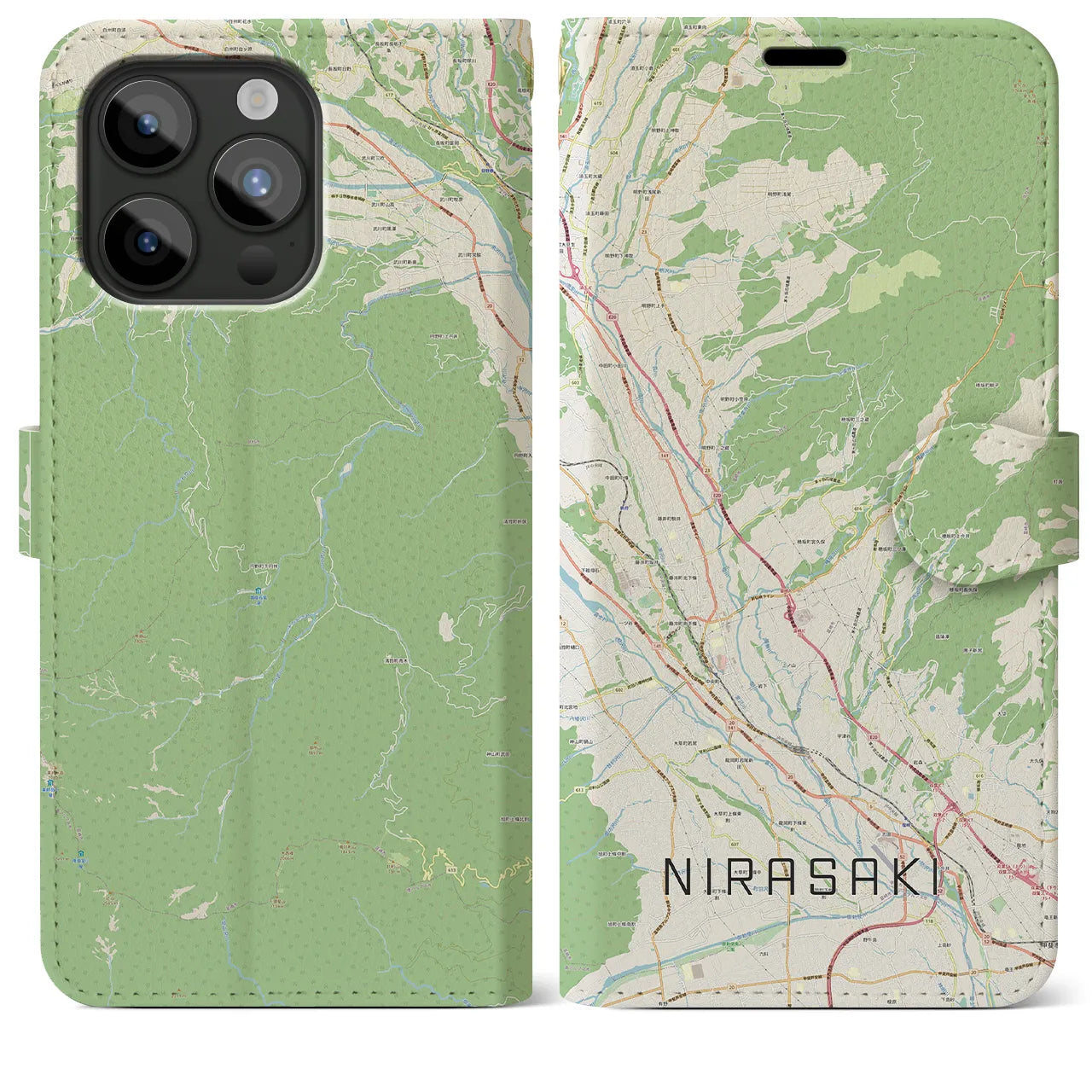 【韮崎(山梨県)】地図柄iPhoneケース(手帳タイプ)ナチュラル・iPhone 15 Pro Max 用