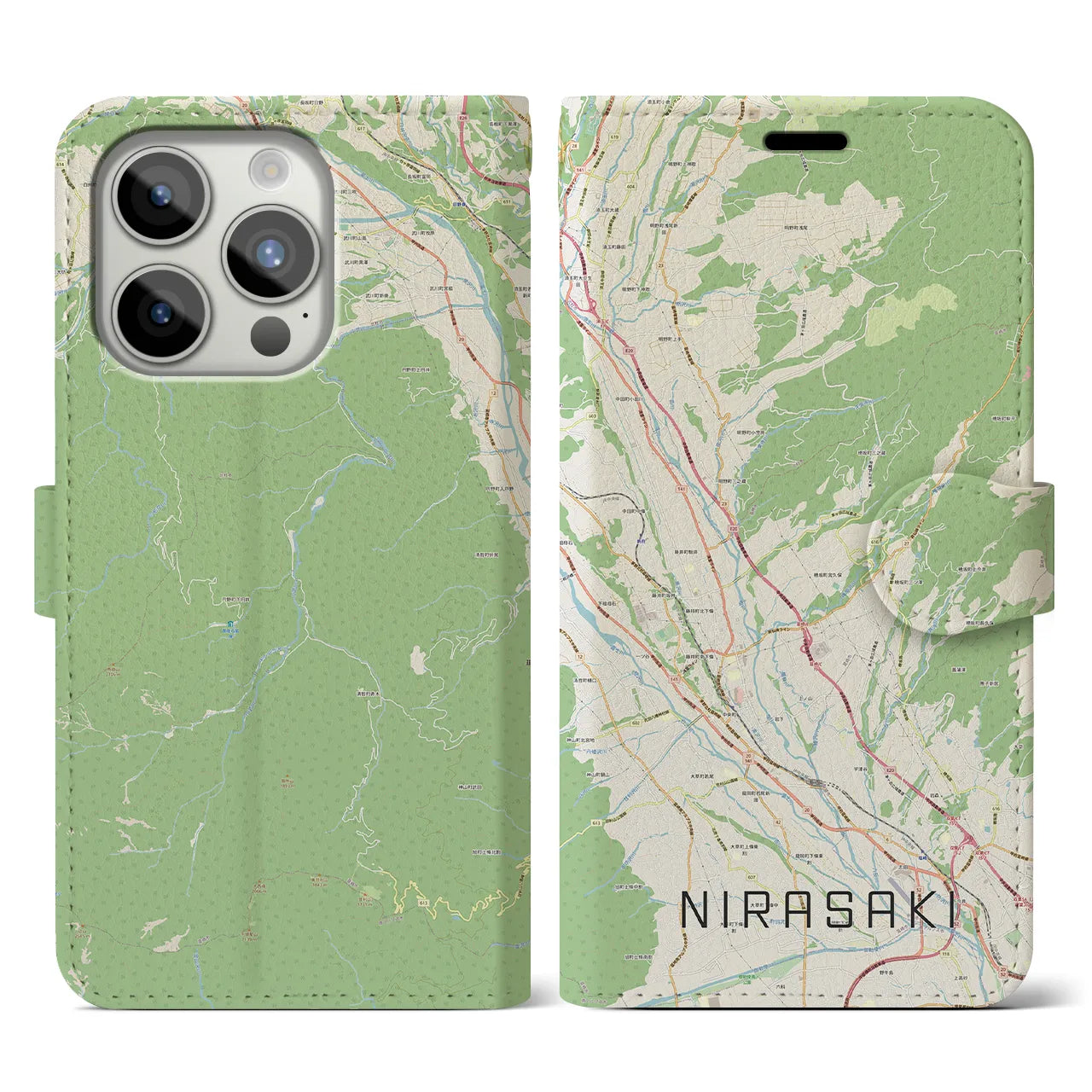 【韮崎(山梨県)】地図柄iPhoneケース(手帳タイプ)ナチュラル・iPhone 15 Pro 用