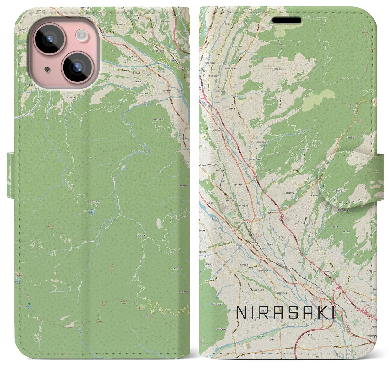 【韮崎(山梨県)】地図柄iPhoneケース(手帳タイプ)ナチュラル・iPhone 15 Plus 用
