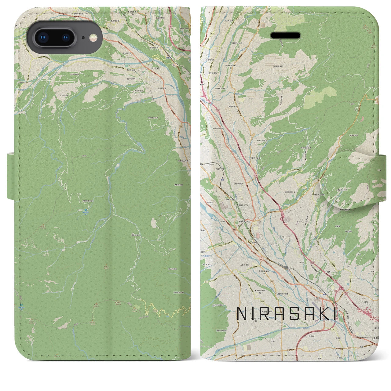 【韮崎(山梨県)】地図柄iPhoneケース(手帳タイプ)ナチュラル・iPhone 8Plus /7Plus / 6sPlus / 6Plus 用