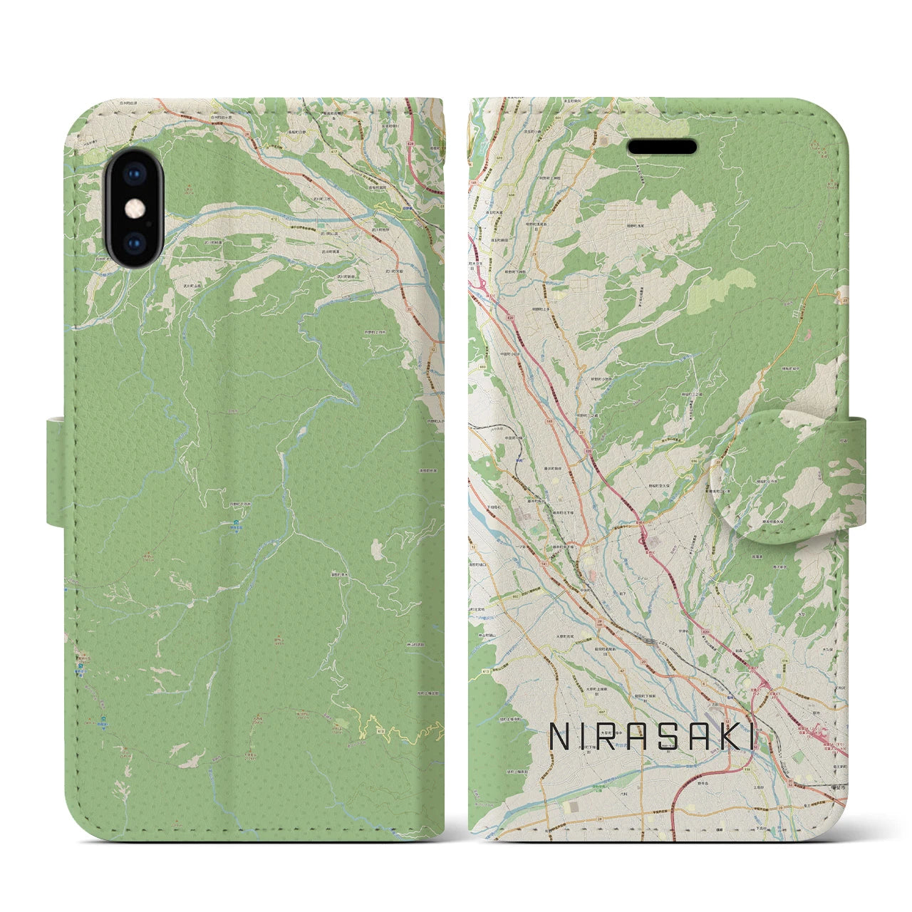 【韮崎(山梨県)】地図柄iPhoneケース(手帳タイプ)ナチュラル・iPhone XS / X 用