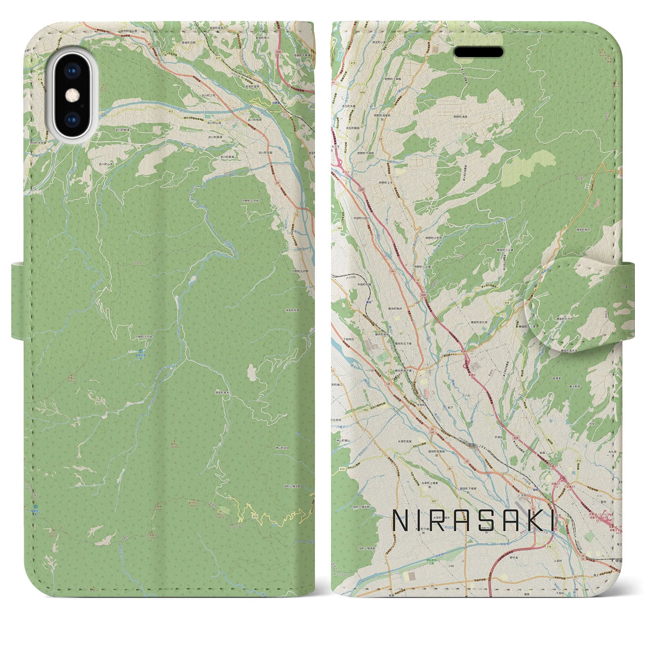 【韮崎(山梨県)】地図柄iPhoneケース(手帳タイプ)ナチュラル・iPhone XS Max 用