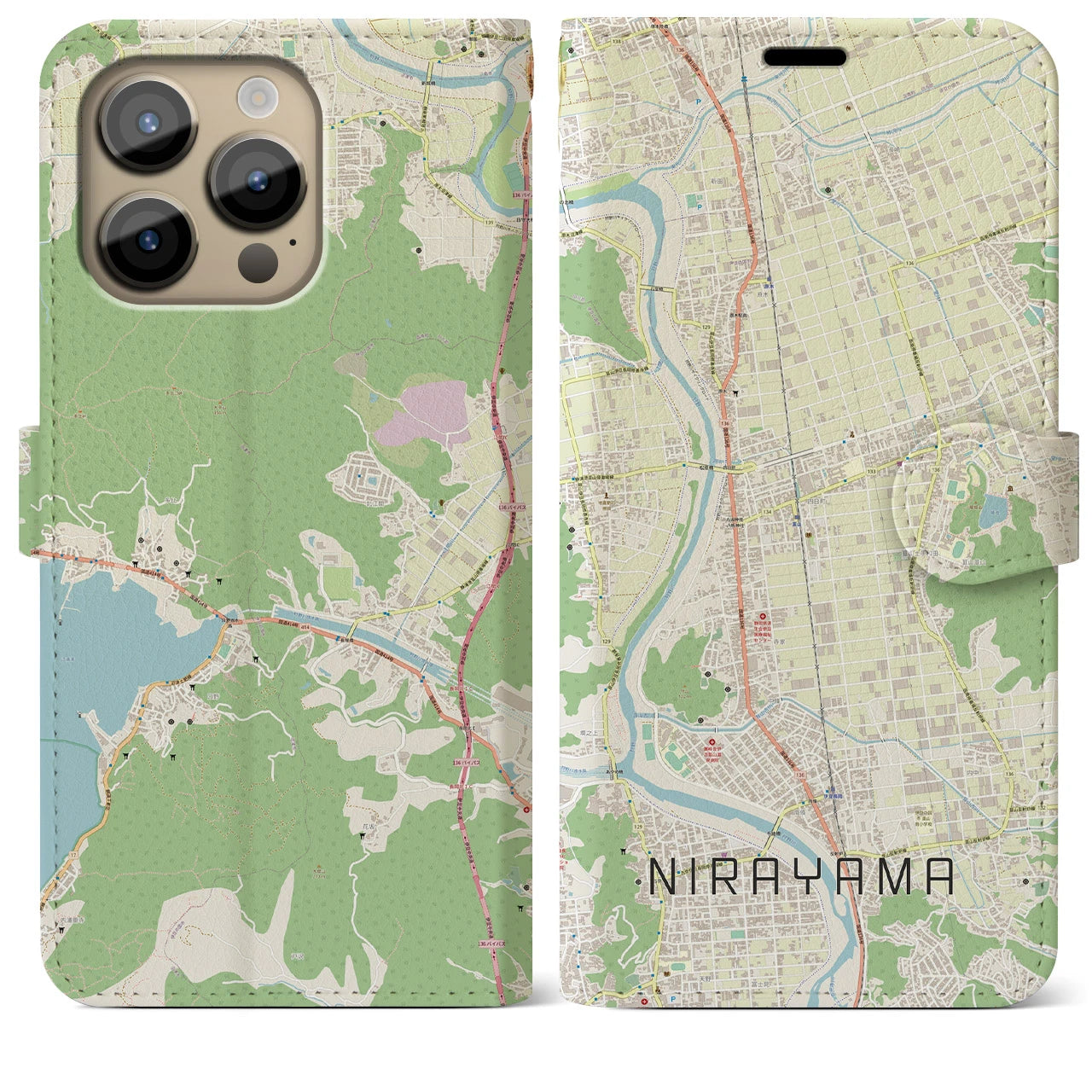 【韮山(静岡県)】地図柄iPhoneケース(手帳タイプ)ナチュラル・iPhone 14 Pro Max 用