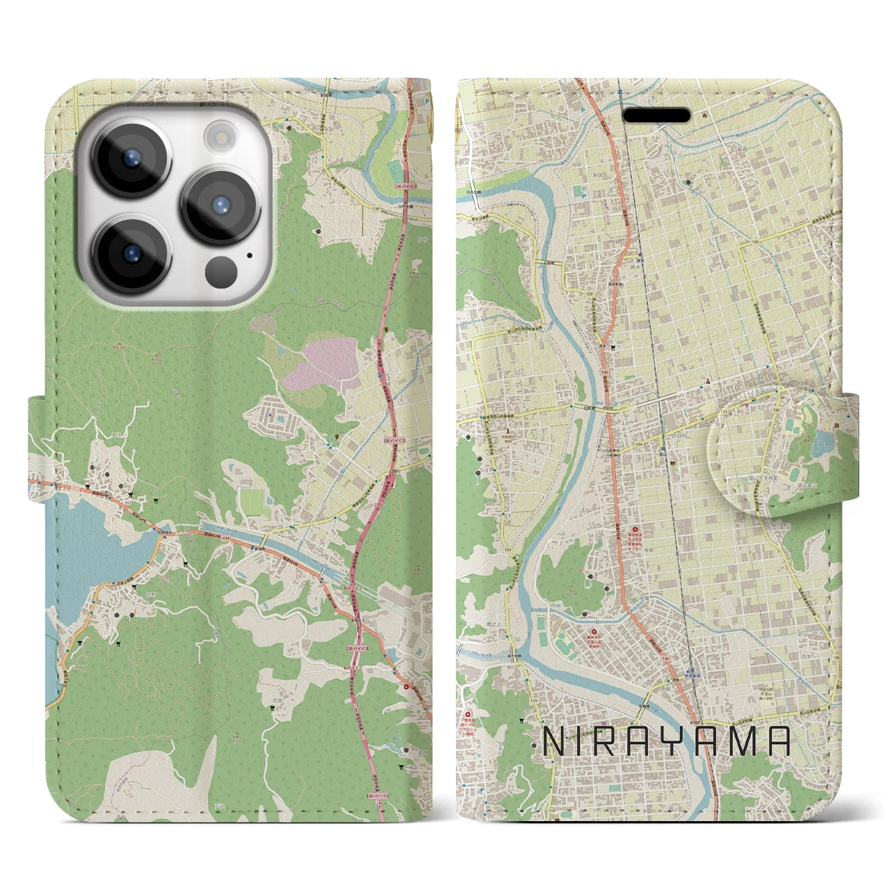 【韮山(静岡県)】地図柄iPhoneケース(手帳タイプ)ナチュラル・iPhone 14 Pro 用