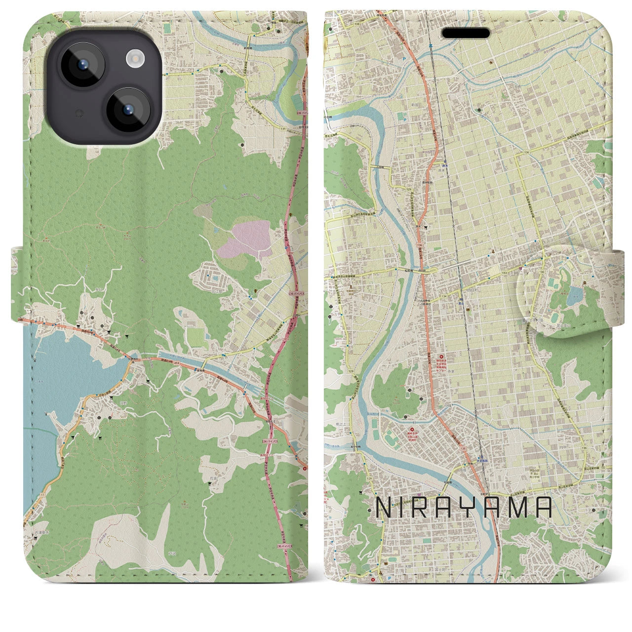 【韮山(静岡県)】地図柄iPhoneケース(手帳タイプ)ナチュラル・iPhone 14 Plus 用