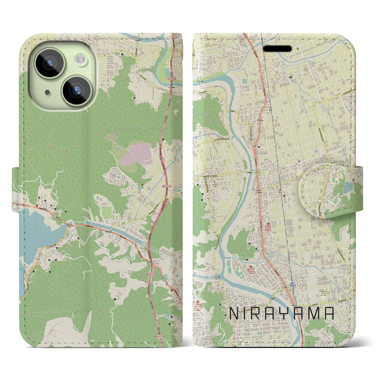 【韮山(静岡県)】地図柄iPhoneケース(手帳タイプ)ナチュラル・iPhone 15 用