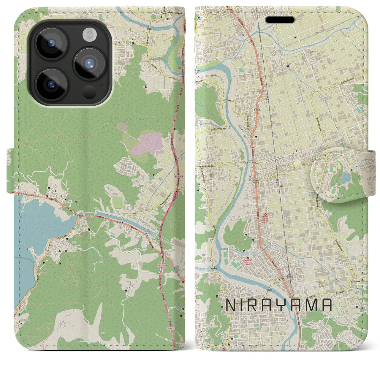 【韮山(静岡県)】地図柄iPhoneケース(手帳タイプ)ナチュラル・iPhone 15 Pro Max 用
