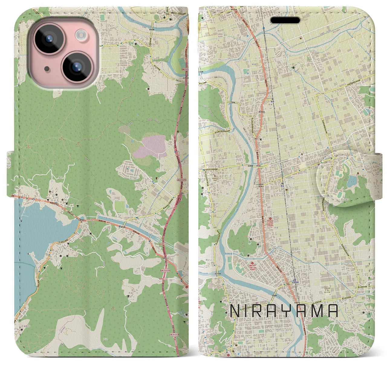 【韮山(静岡県)】地図柄iPhoneケース(手帳タイプ)ナチュラル・iPhone 15 Plus 用