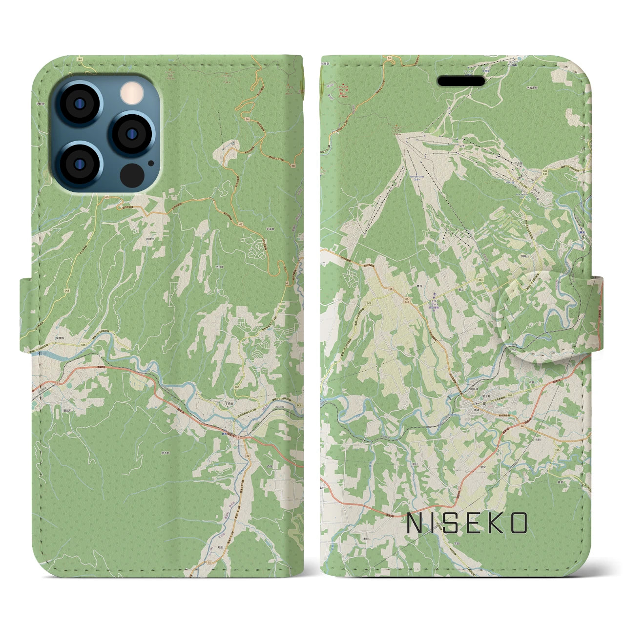 【ニセコ(北海道)】地図柄iPhoneケース(手帳タイプ)ナチュラル・iPhone 12 / 12 Pro 用