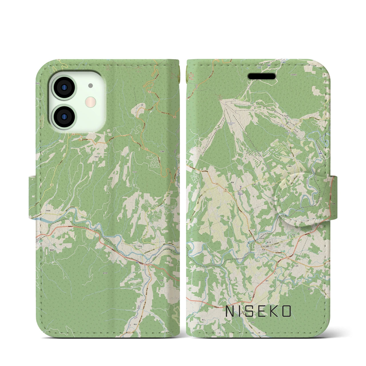 【ニセコ(北海道)】地図柄iPhoneケース(手帳タイプ)ナチュラル・iPhone 12 mini 用