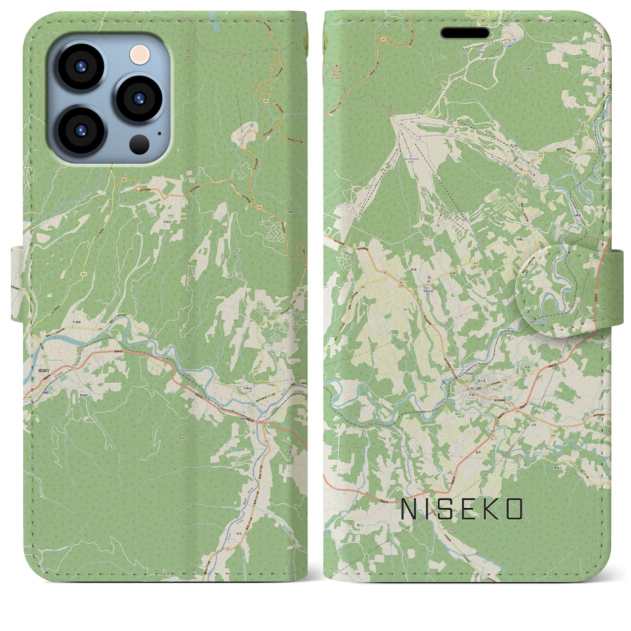 【ニセコ(北海道)】地図柄iPhoneケース(手帳タイプ)ナチュラル・iPhone 13 Pro Max 用