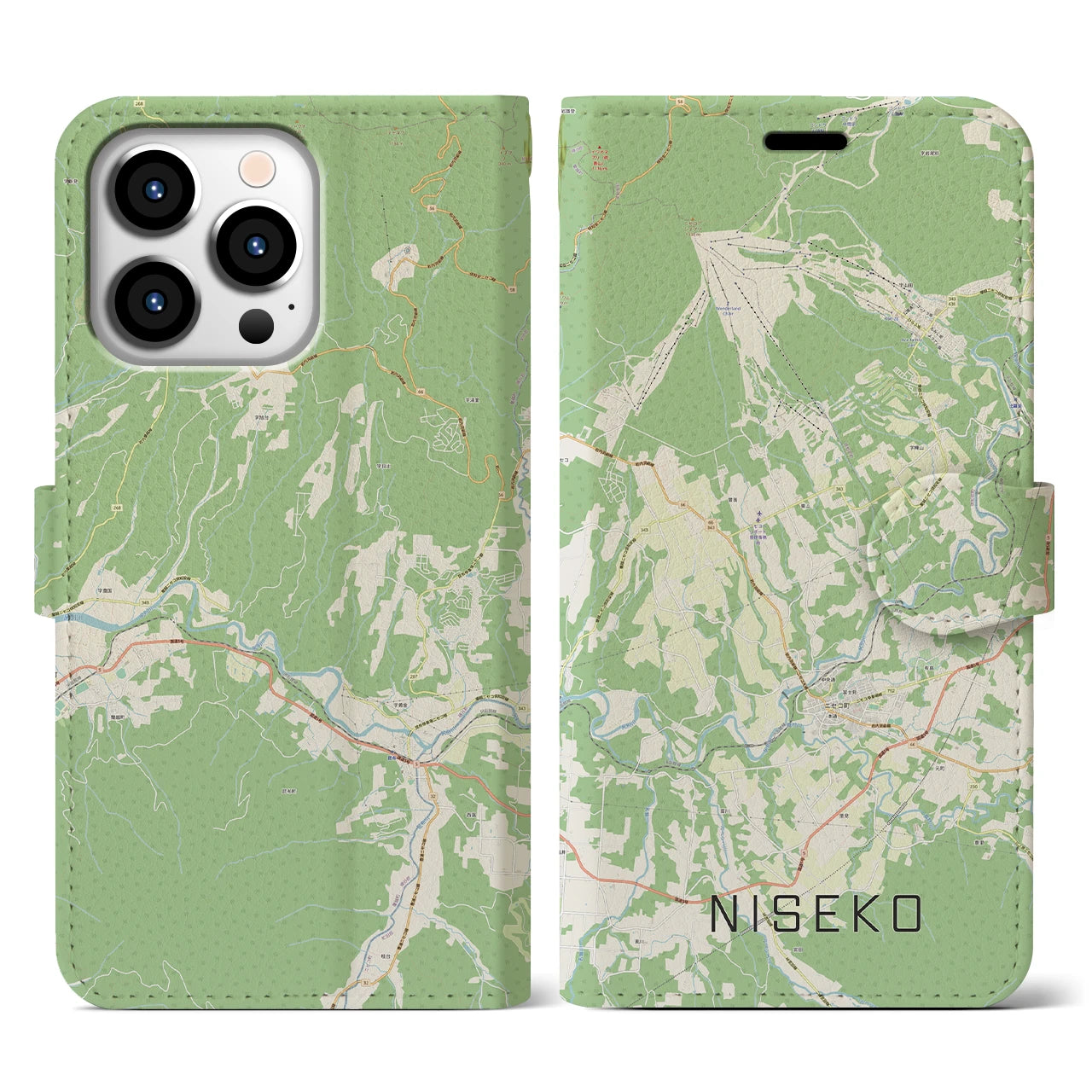 【ニセコ(北海道)】地図柄iPhoneケース(手帳タイプ)ナチュラル・iPhone 13 Pro 用