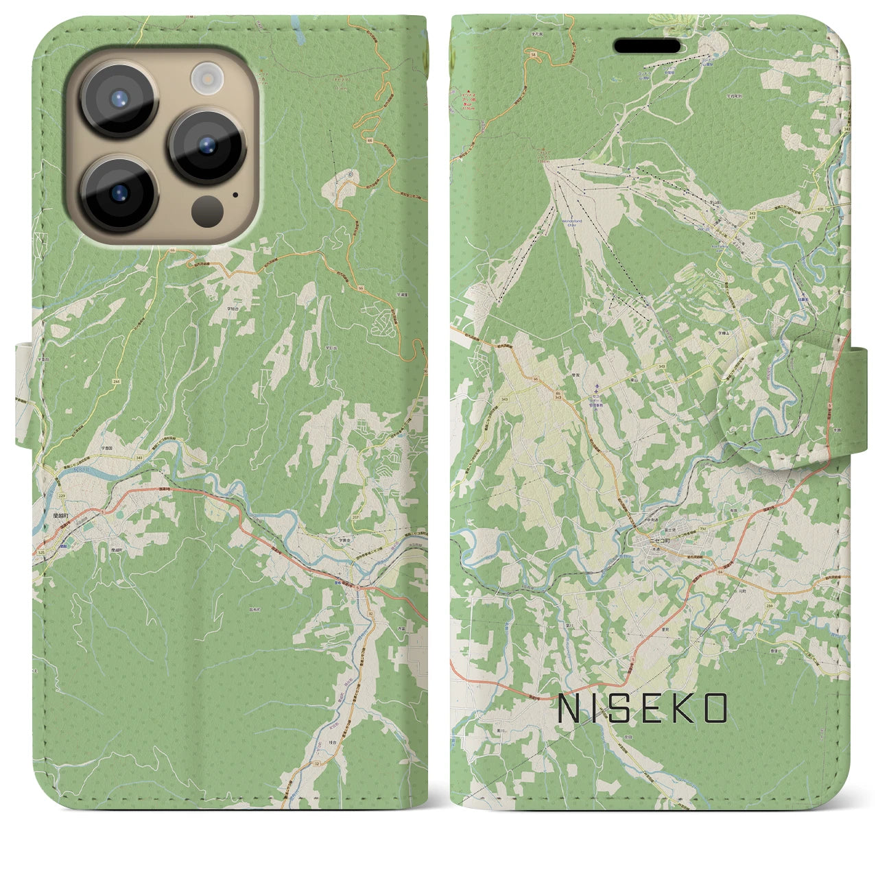 【ニセコ(北海道)】地図柄iPhoneケース(手帳タイプ)ナチュラル・iPhone 14 Pro Max 用
