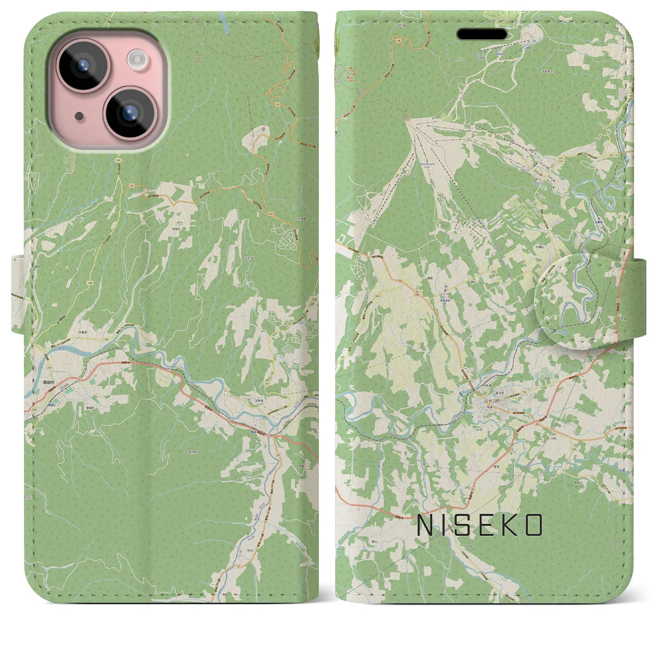 【ニセコ(北海道)】地図柄iPhoneケース(手帳タイプ)ナチュラル・iPhone 15 Plus 用