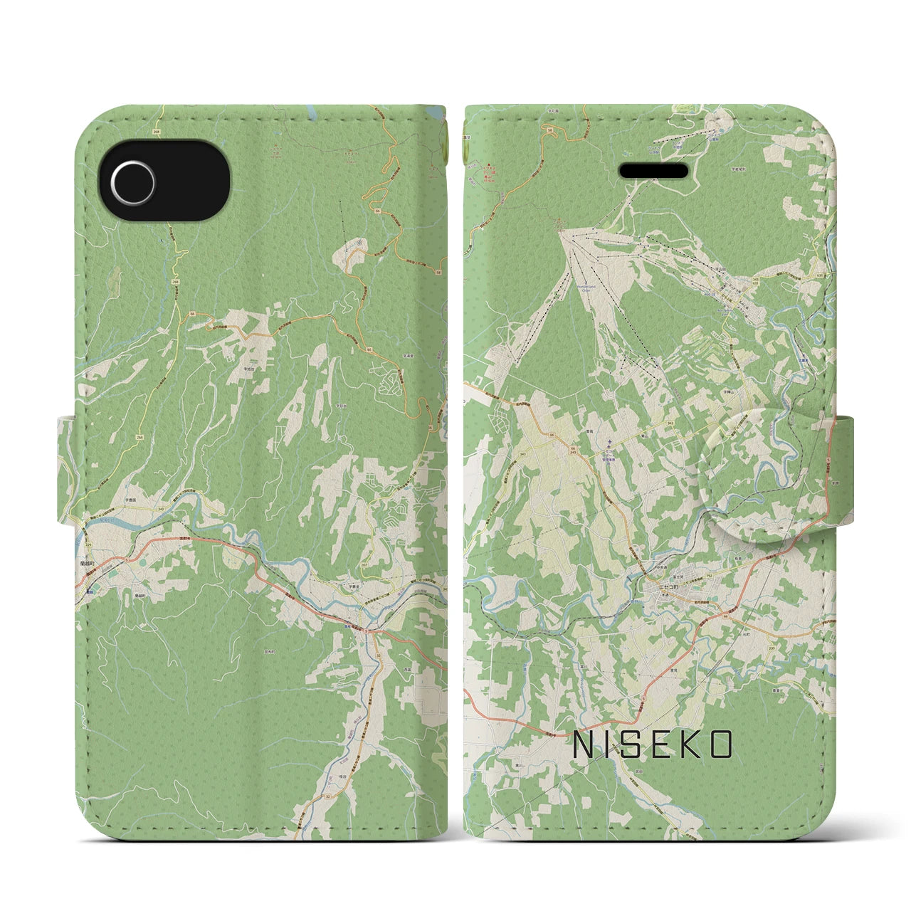 【ニセコ(北海道)】地図柄iPhoneケース(手帳タイプ)ナチュラル・iPhone SE(第3 / 第2世代) / 8 / 7 / 6s / 6 用