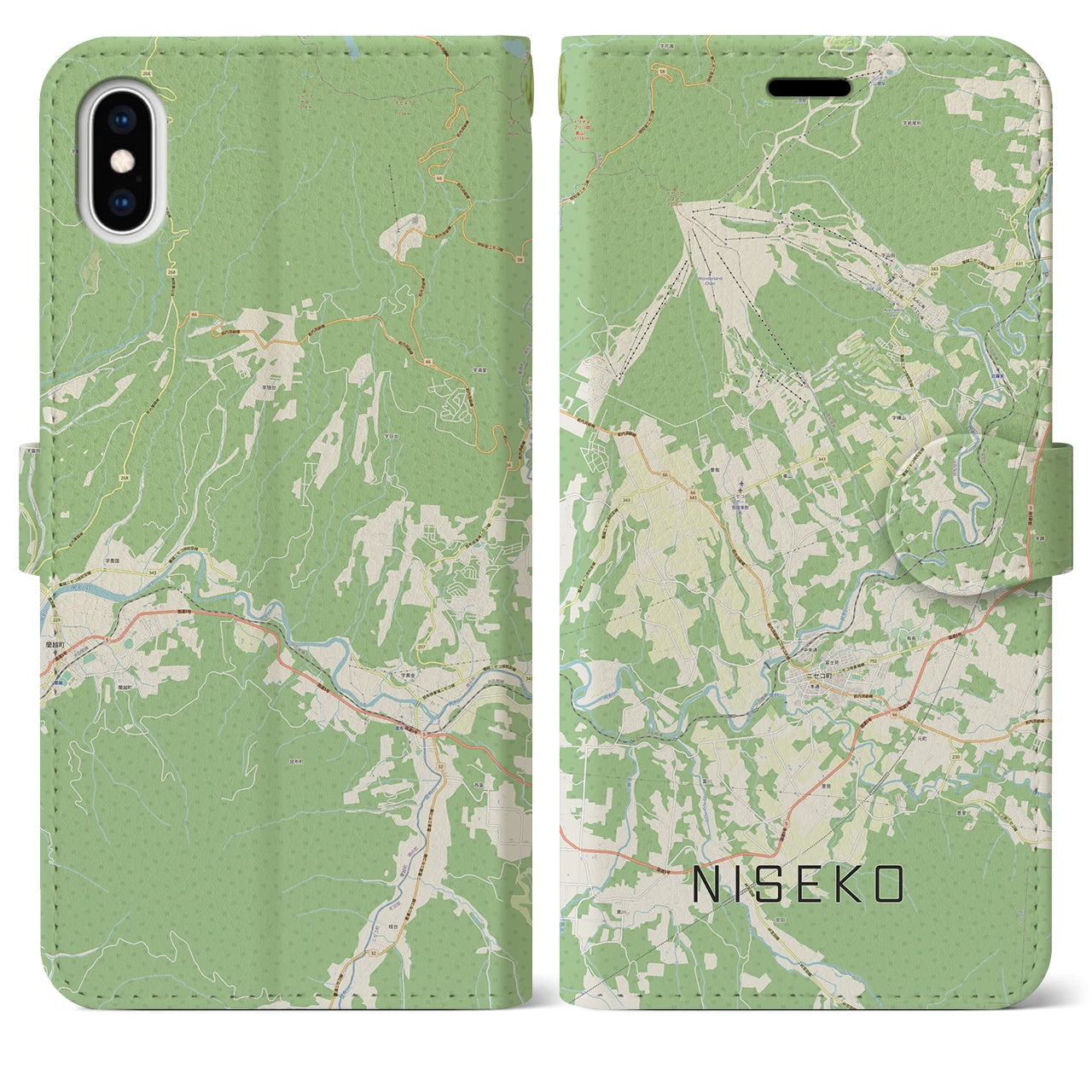 【ニセコ(北海道)】地図柄iPhoneケース(手帳タイプ)ナチュラル・iPhone XS Max 用