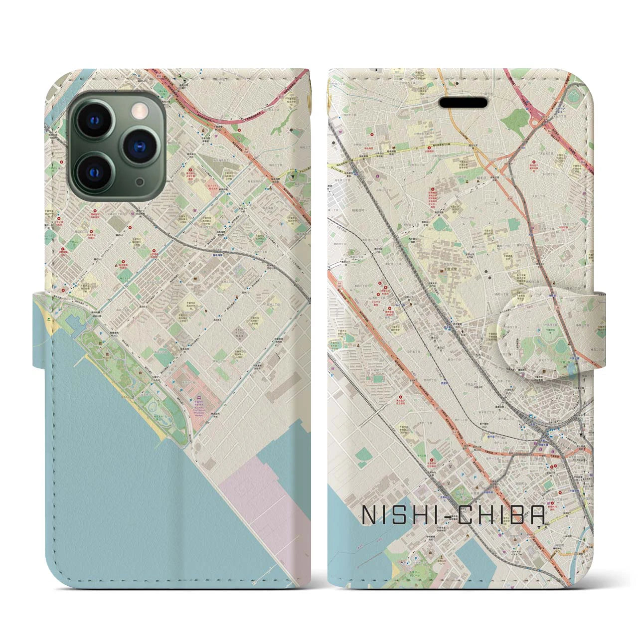 【西千葉(千葉県)】地図柄iPhoneケース(手帳タイプ)ナチュラル・iPhone 11 Pro 用