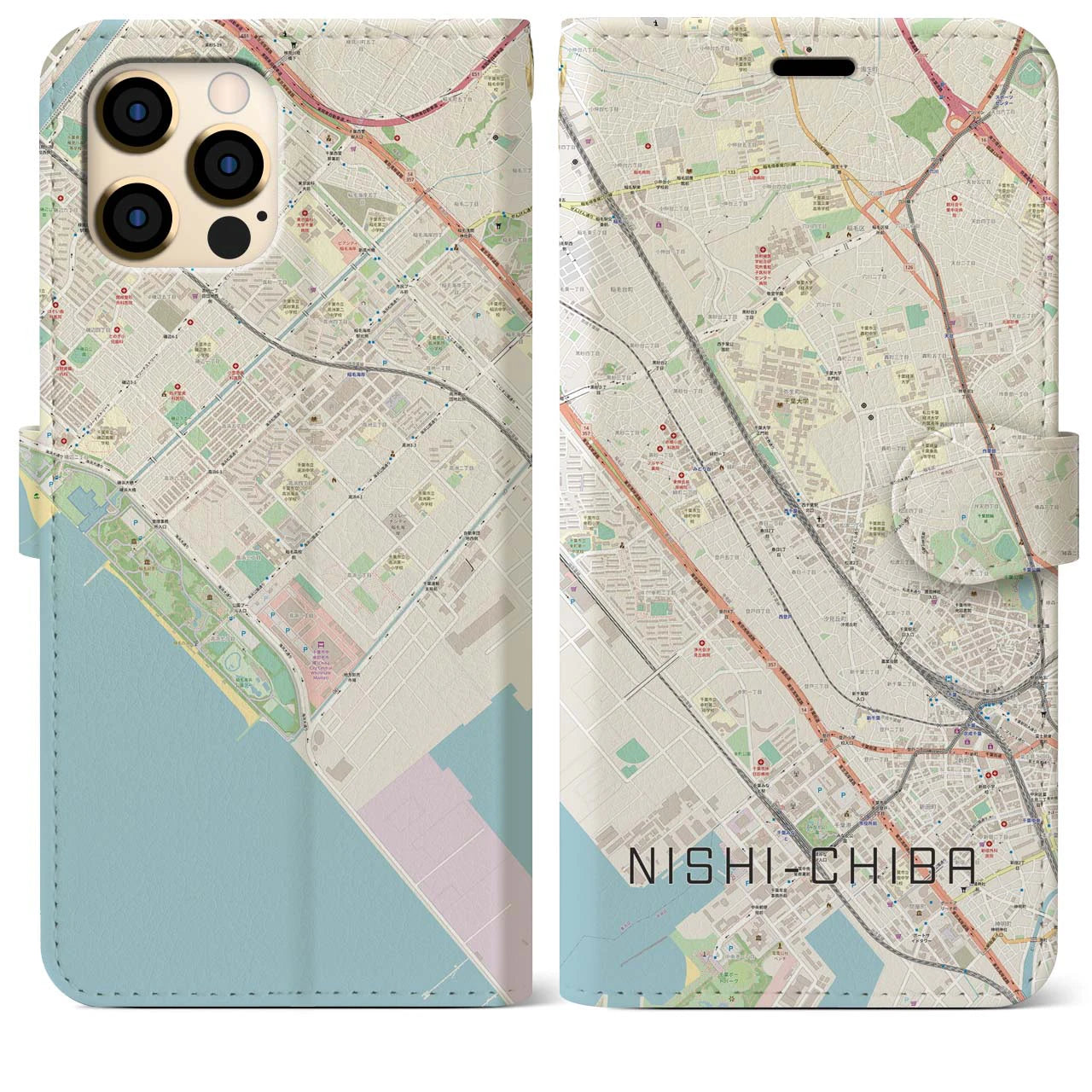 【西千葉(千葉県)】地図柄iPhoneケース(手帳タイプ)ナチュラル・iPhone 12 Pro Max 用