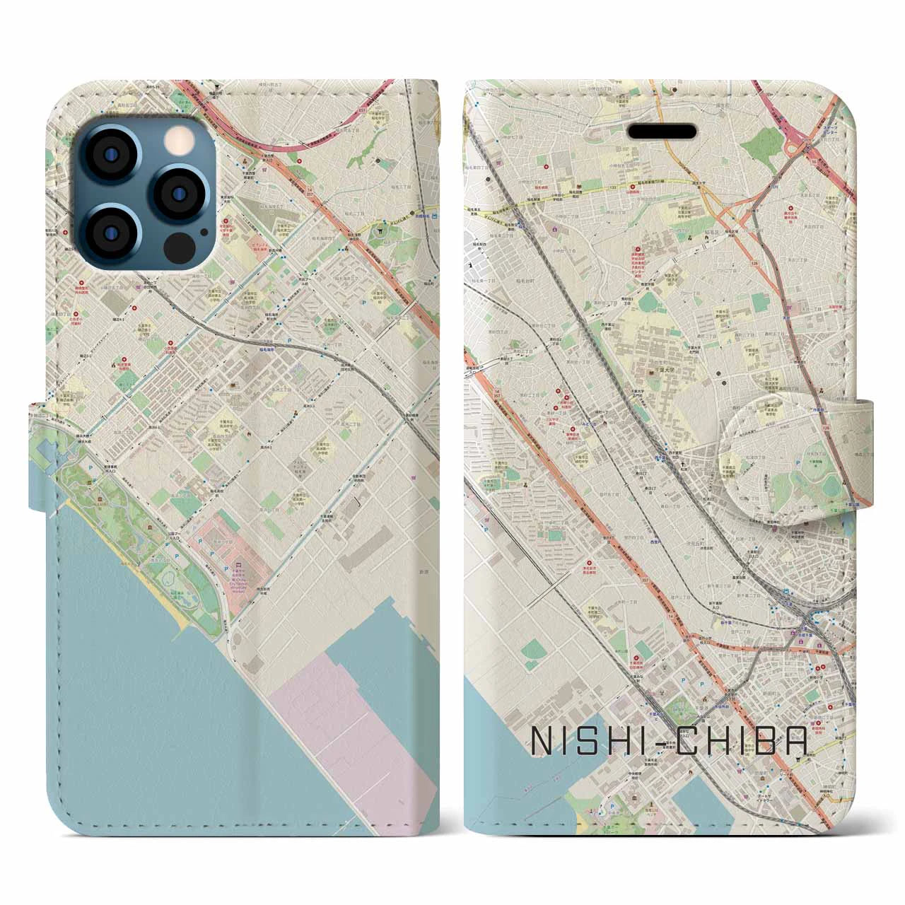 【西千葉(千葉県)】地図柄iPhoneケース(手帳タイプ)ナチュラル・iPhone 12 / 12 Pro 用