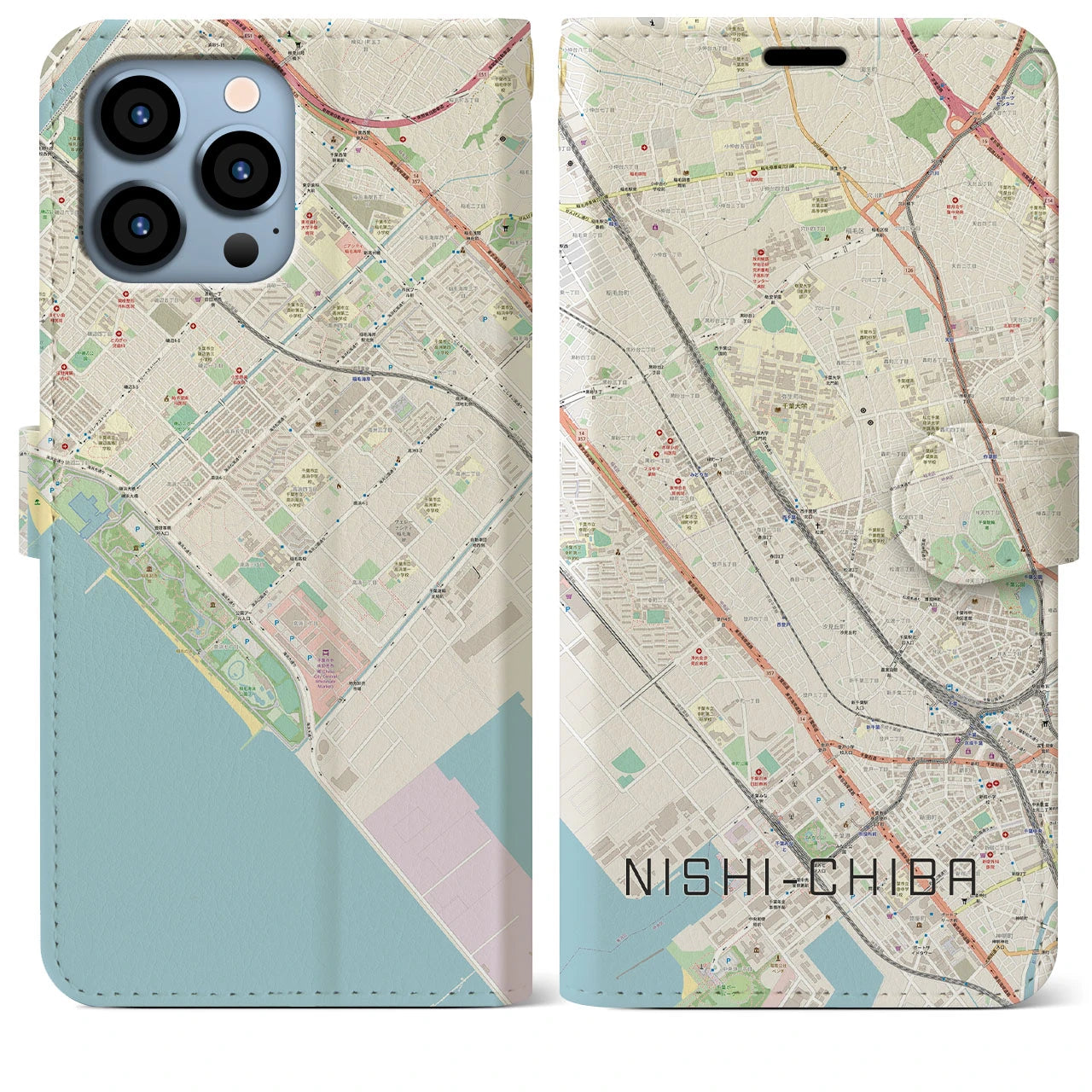 【西千葉(千葉県)】地図柄iPhoneケース(手帳タイプ)ナチュラル・iPhone 13 Pro Max 用