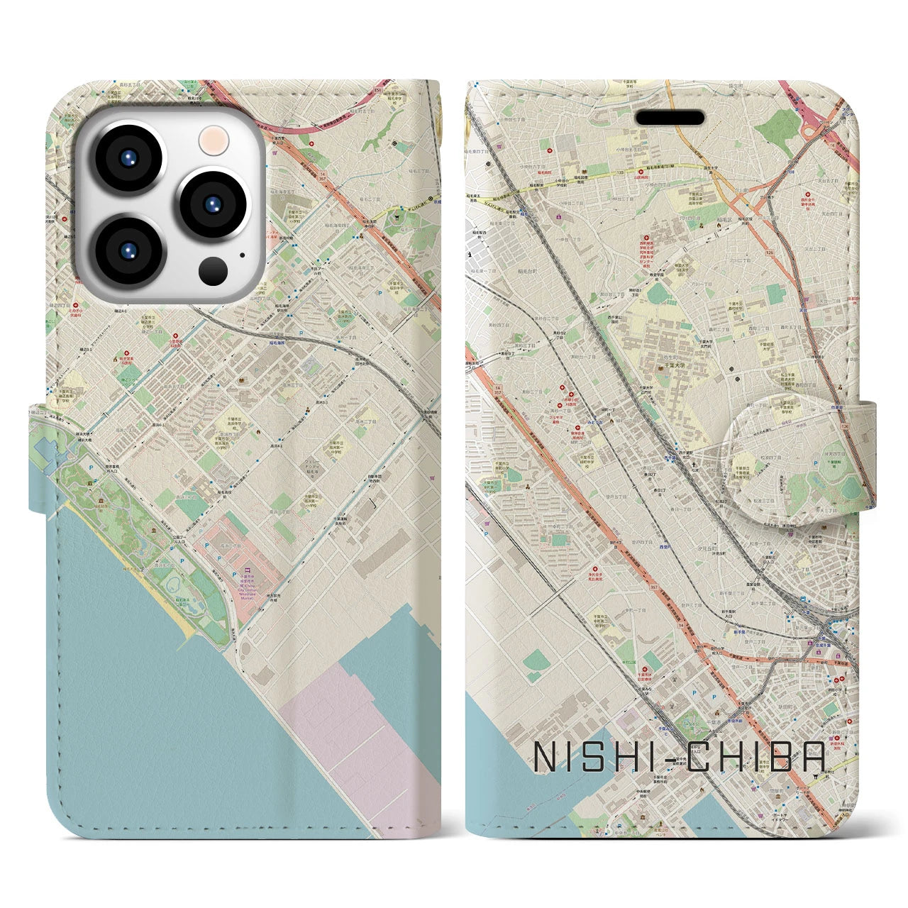 【西千葉(千葉県)】地図柄iPhoneケース(手帳タイプ)ナチュラル・iPhone 13 Pro 用