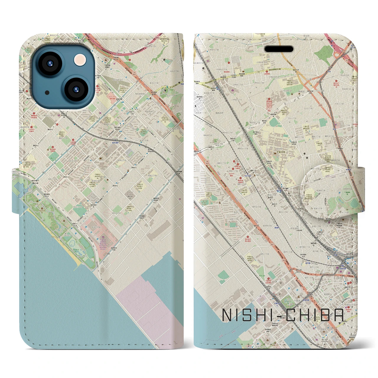 【西千葉(千葉県)】地図柄iPhoneケース(手帳タイプ)ナチュラル・iPhone 13 用